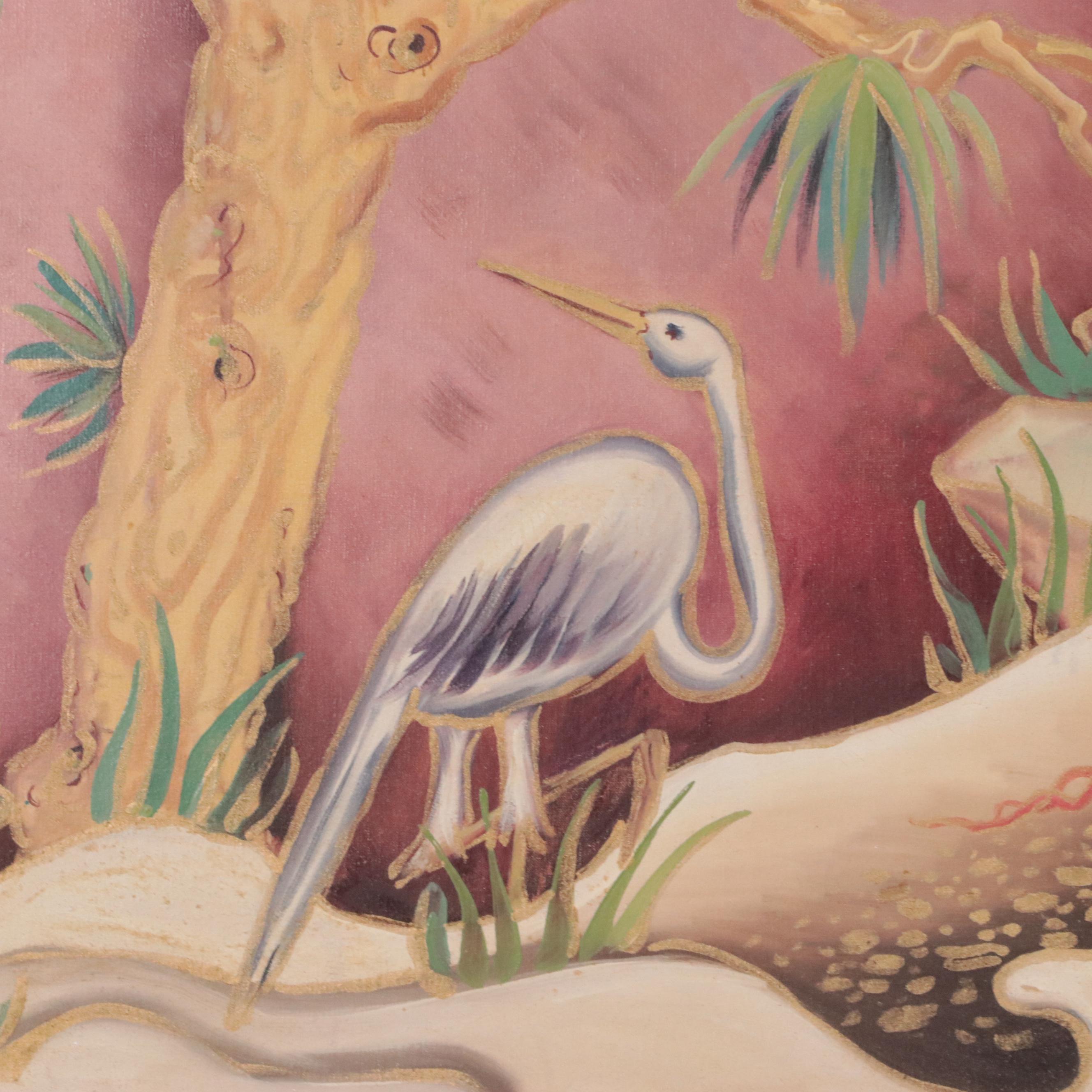 Diann Batist Oil Painting of a Stylized Landscape with Woman and Crane