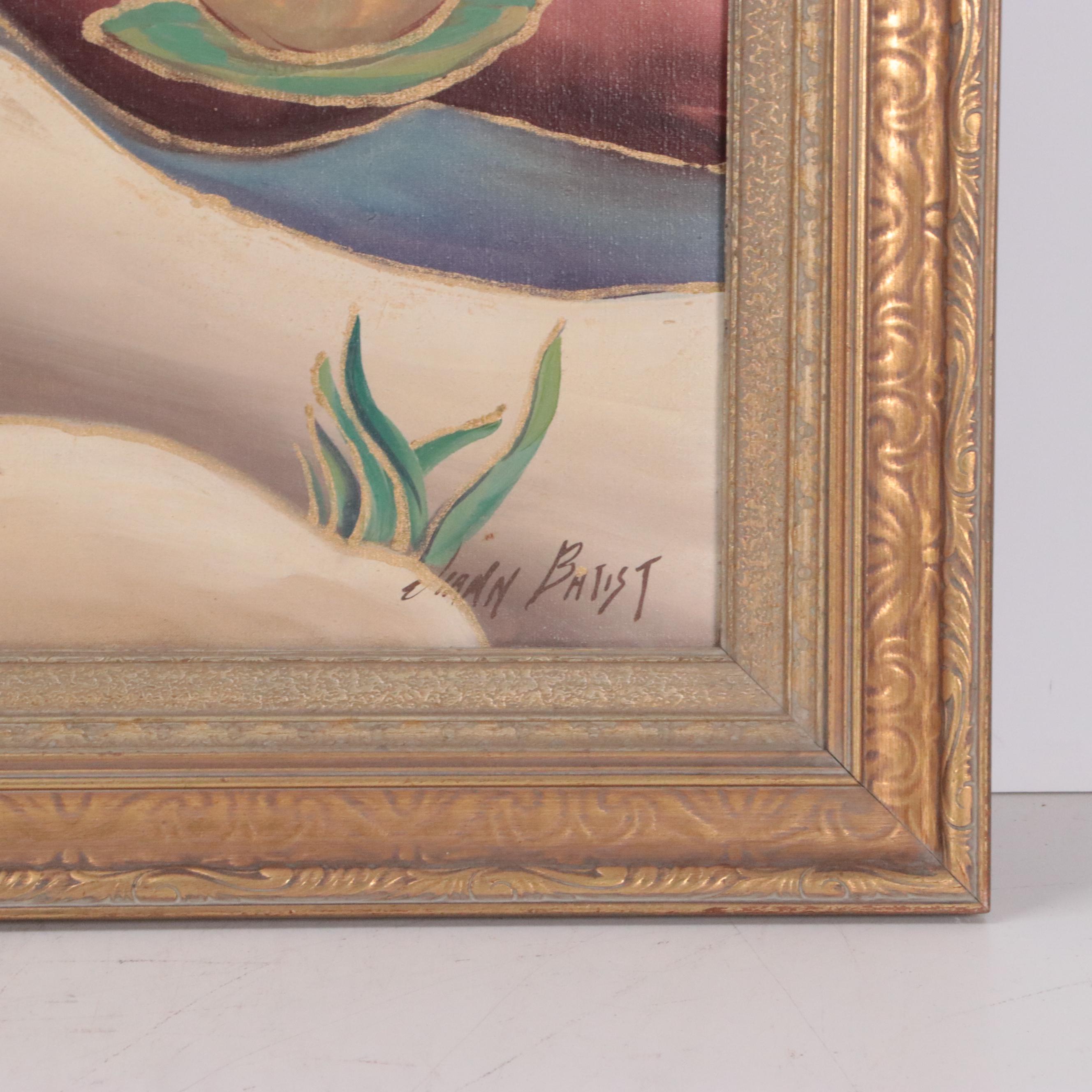 Diann Batist Oil Painting of a Stylized Landscape with Woman and Crane