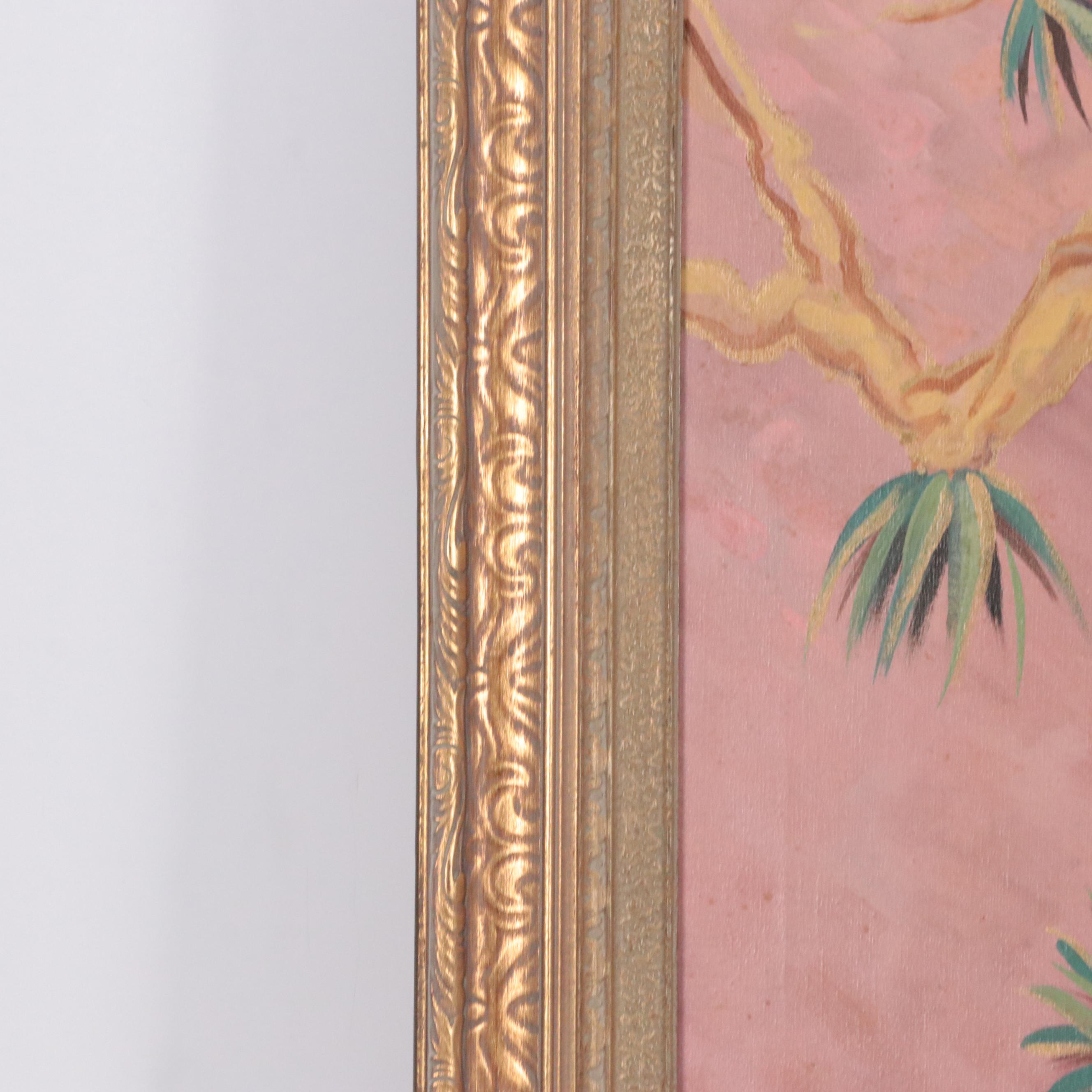 Diann Batist Oil Painting of a Stylized Landscape with Woman and Crane