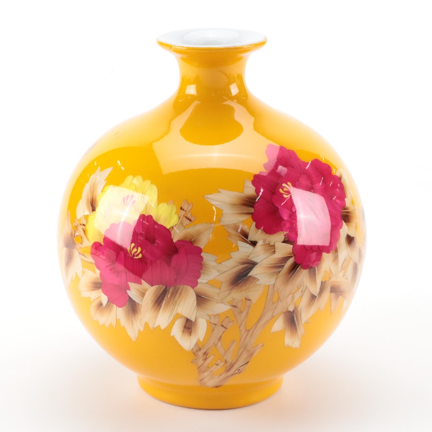Chinese Ceramic Vase with Wheat Straw Flowers, Foil Letters Under Resin Coating