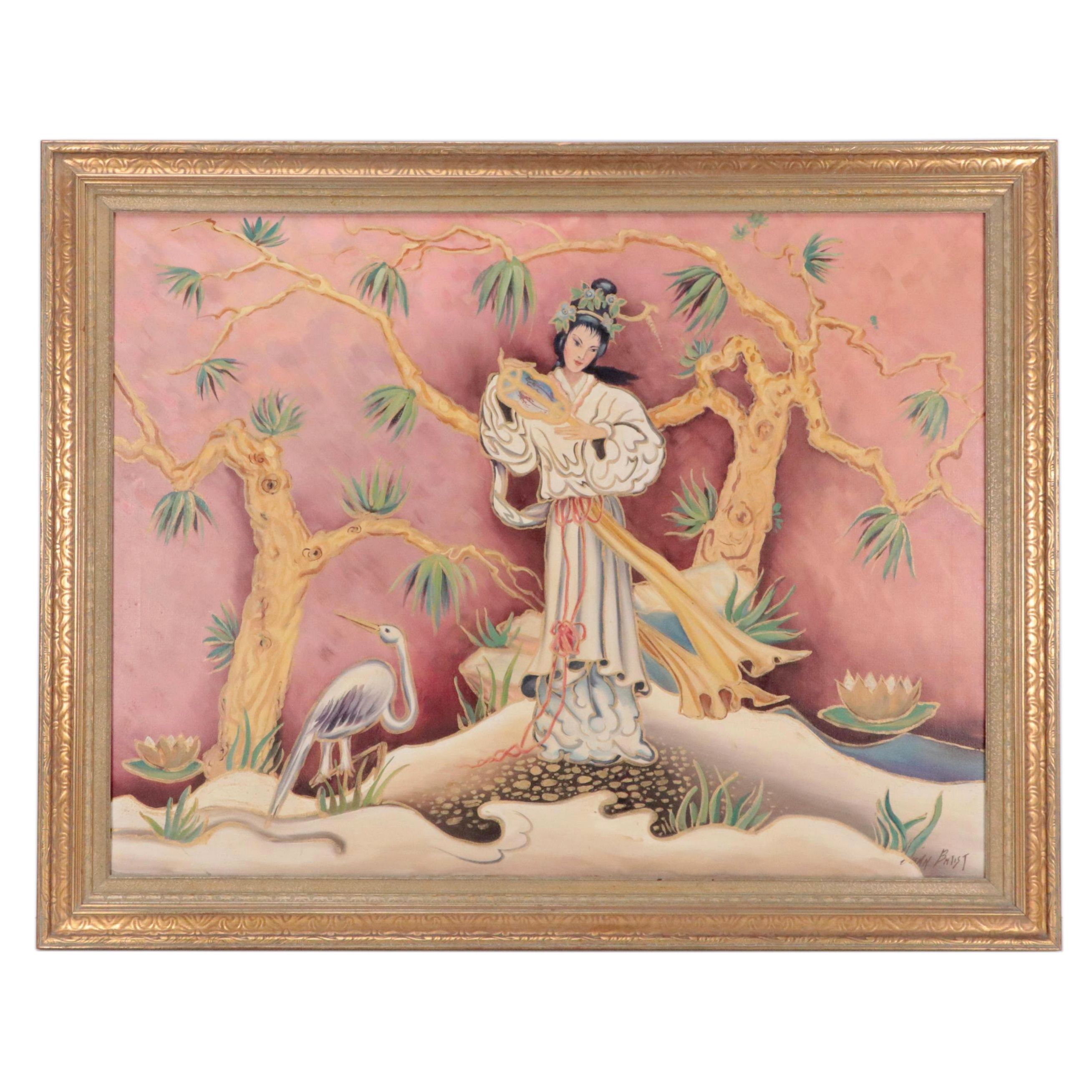 Diann Batist Oil Painting of a Stylized Landscape with Woman and Crane