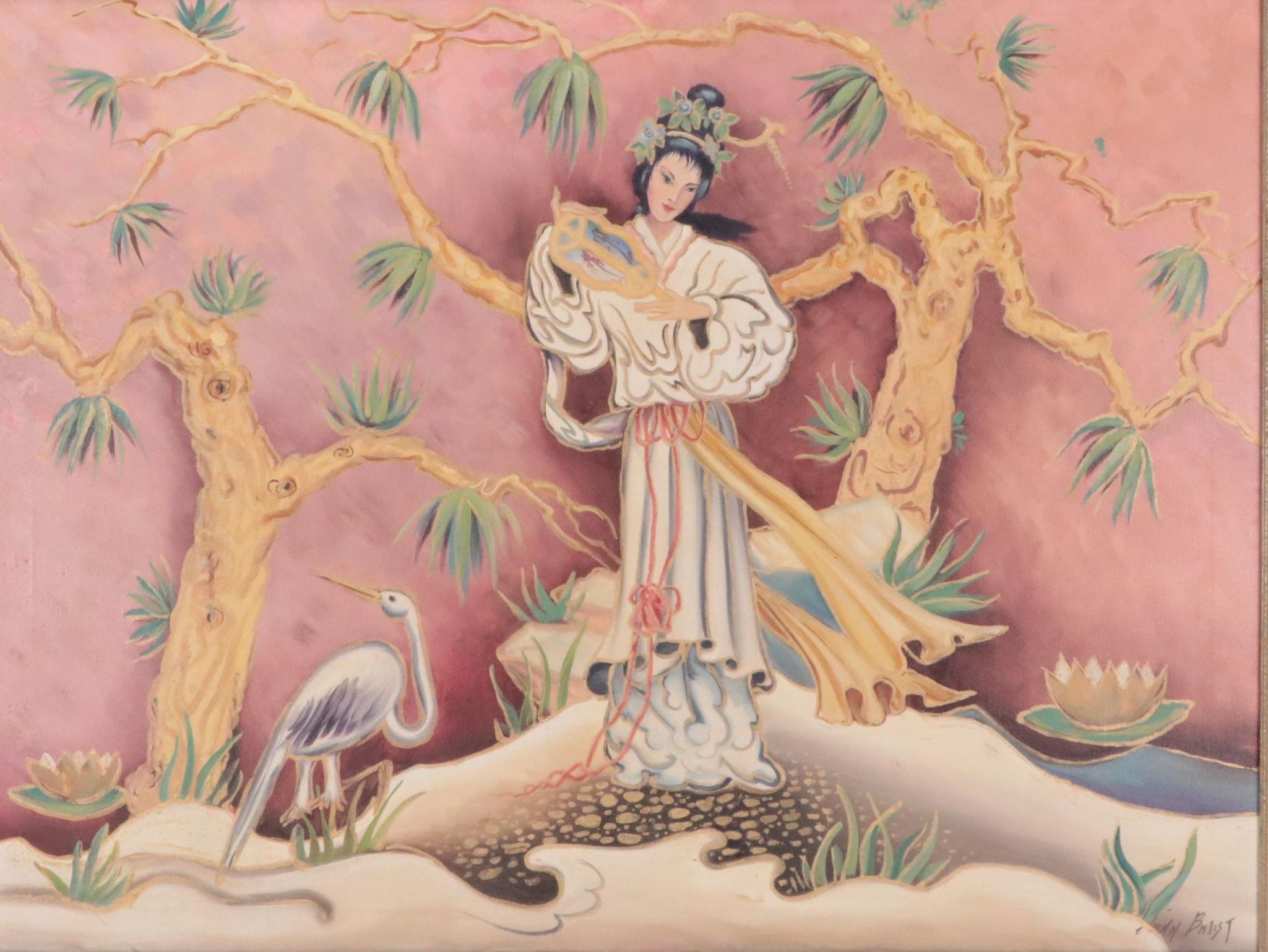 Diann Batist Oil Painting of a Stylized Landscape with Woman and Crane