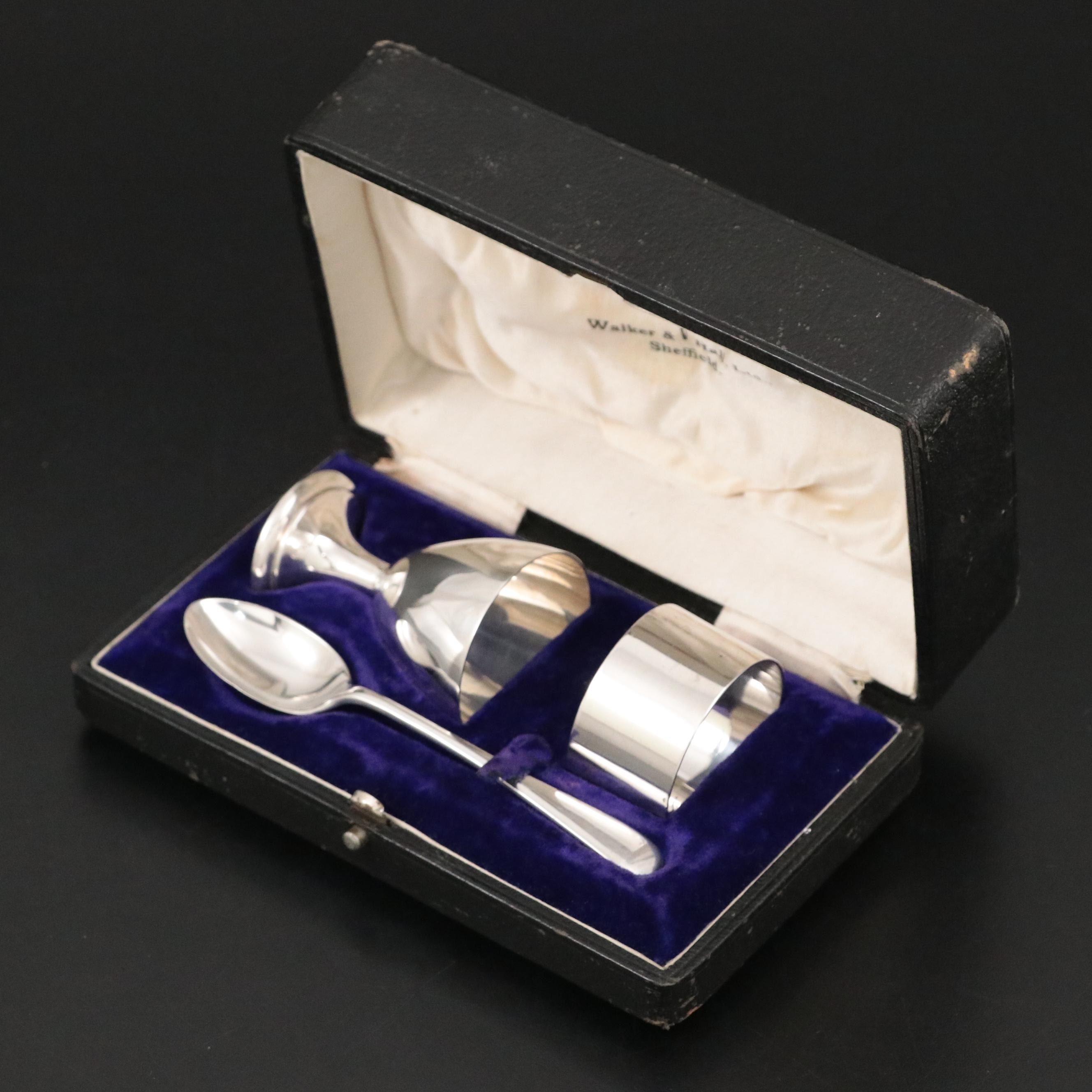 English Walker & Hall Sterling Silver Egg Cup, Napkin Ring, and Spoon, 1927–1928
