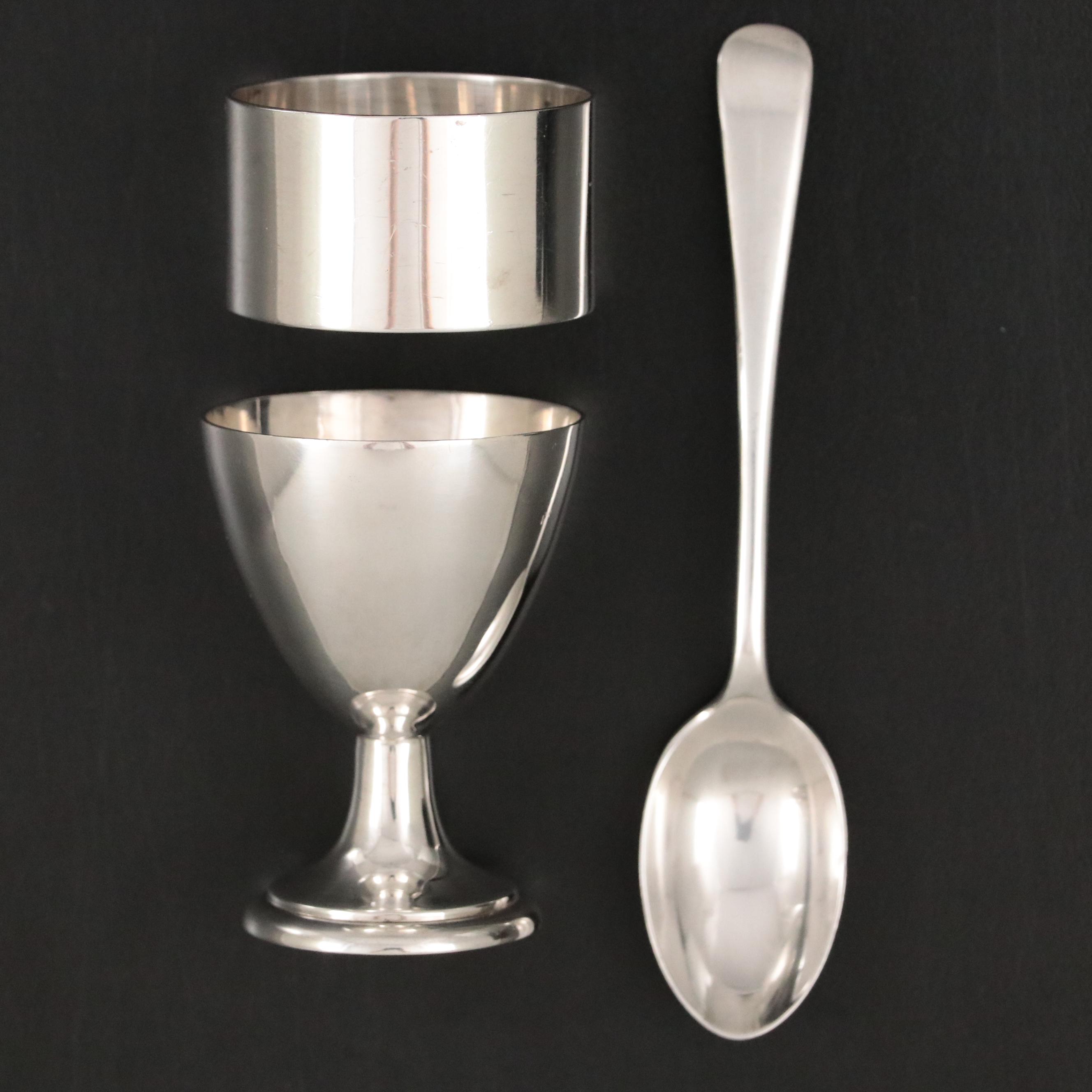 English Walker & Hall Sterling Silver Egg Cup, Napkin Ring, and Spoon, 1927–1928