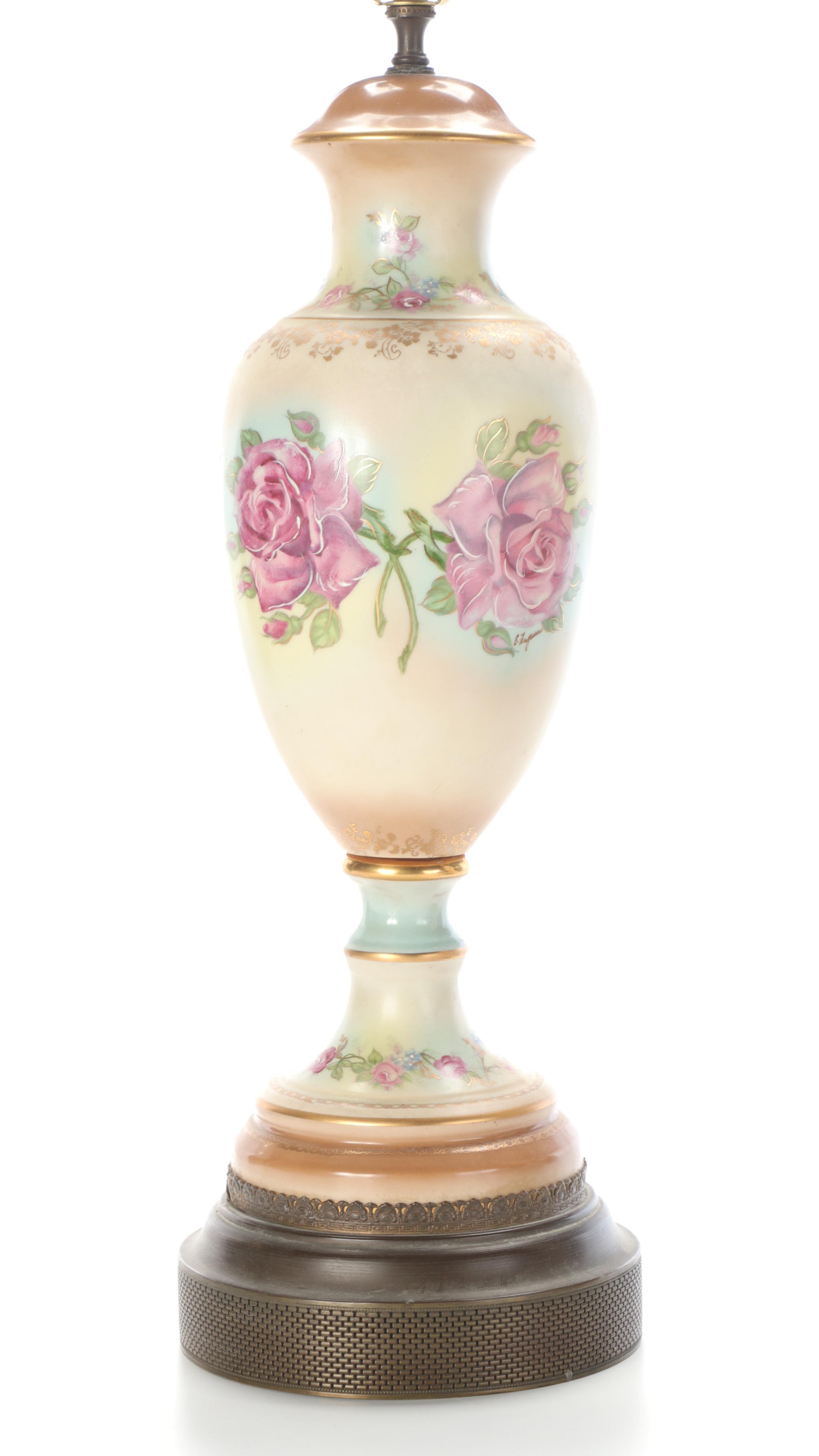 Pair of Hand-Painted Ceramic Table Lamps with Silk Shades