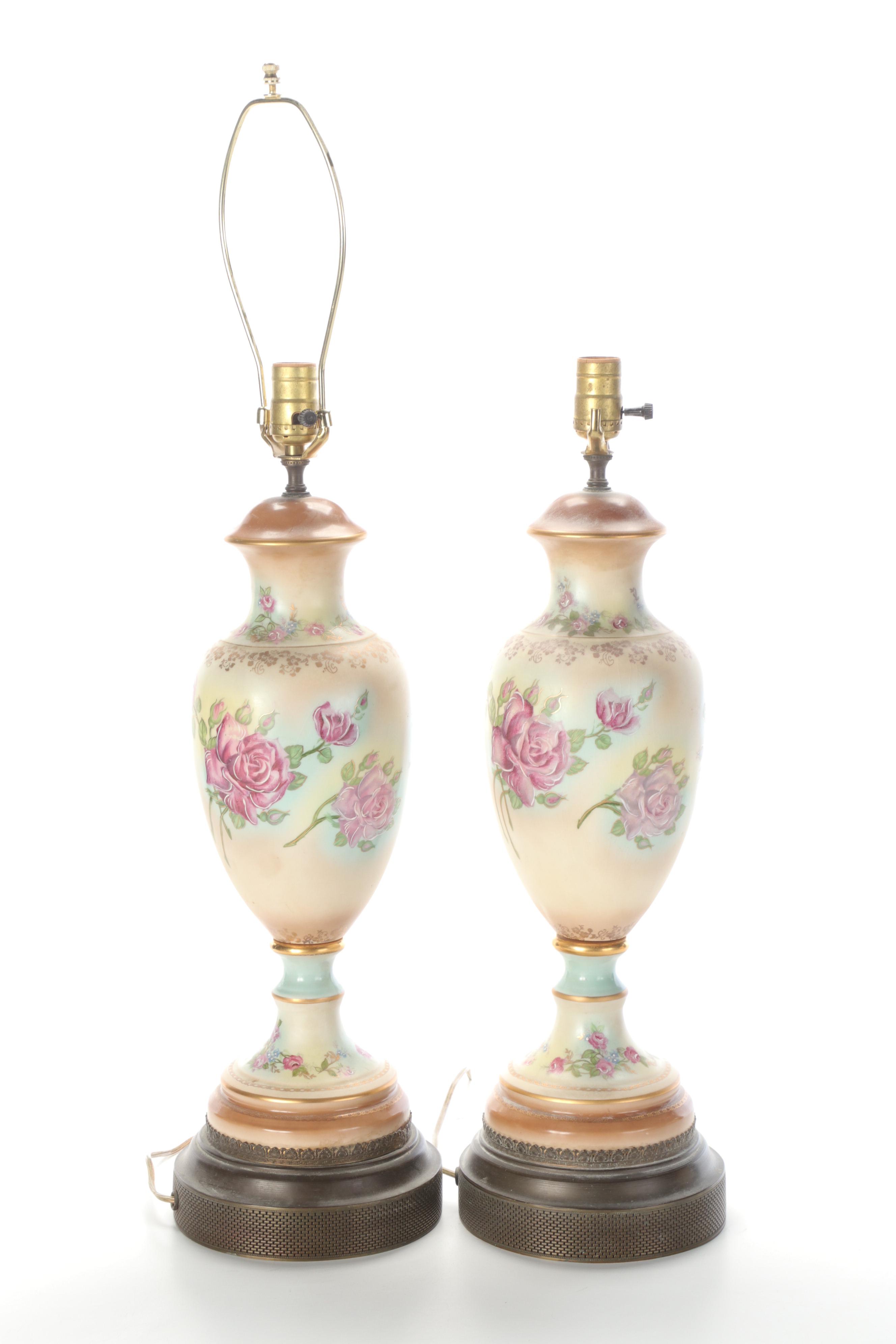 Pair of Hand-Painted Ceramic Table Lamps with Silk Shades
