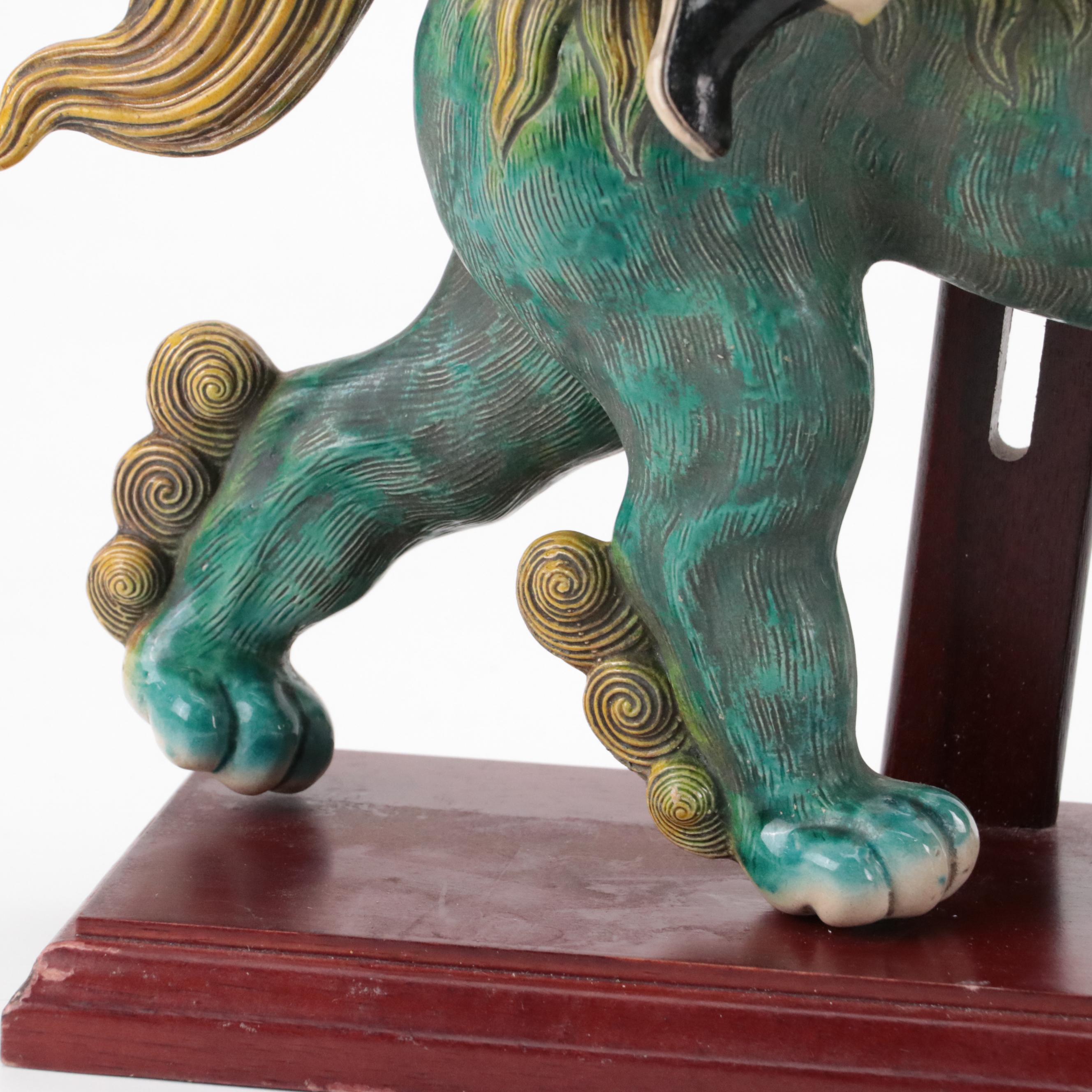 Lin Guang Yi Taiwanese Figural Pottery Warrior and Guardian Lion Roof Tiles