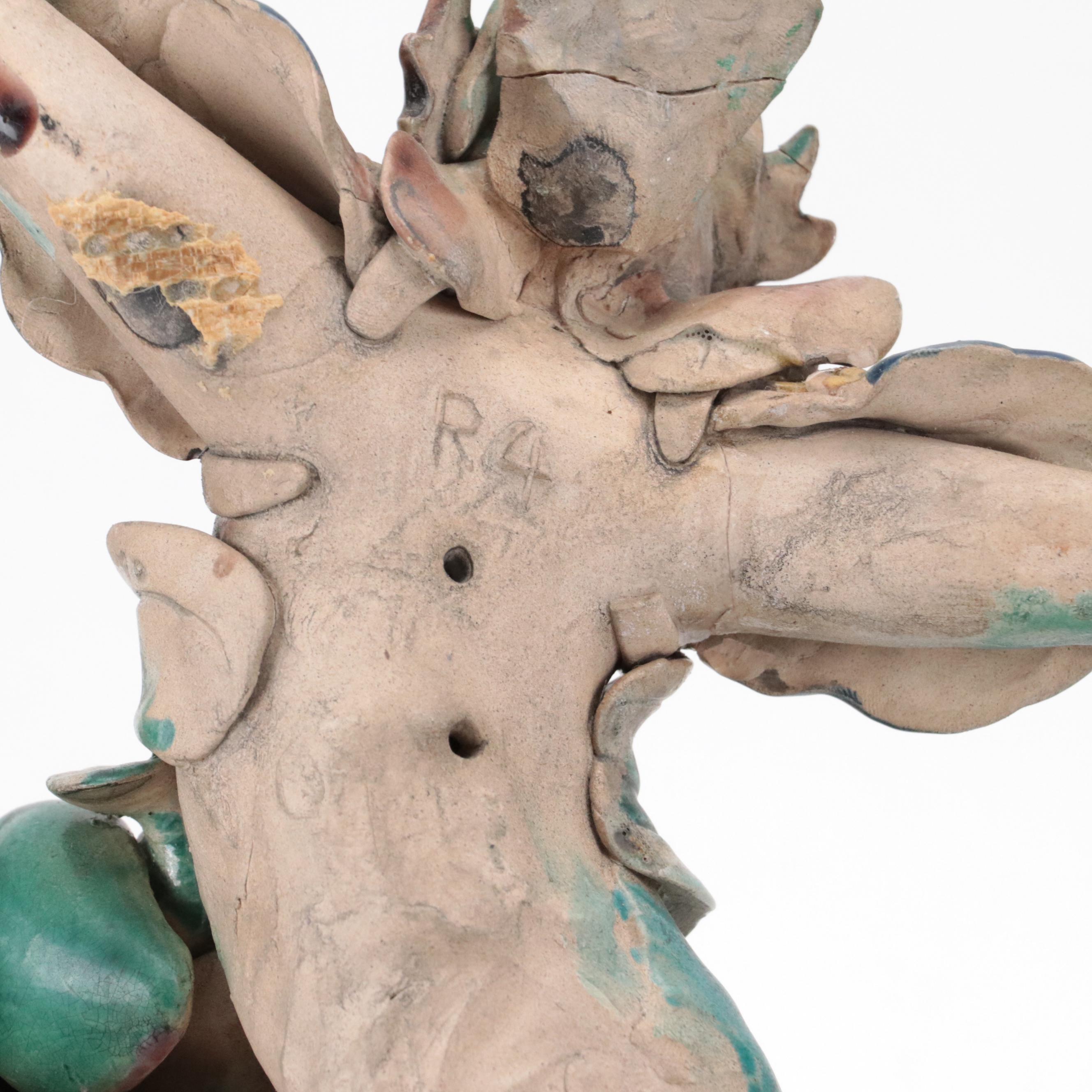 Lin Guang Yi Taiwanese Figural Pottery Warrior and Guardian Lion Roof Tiles