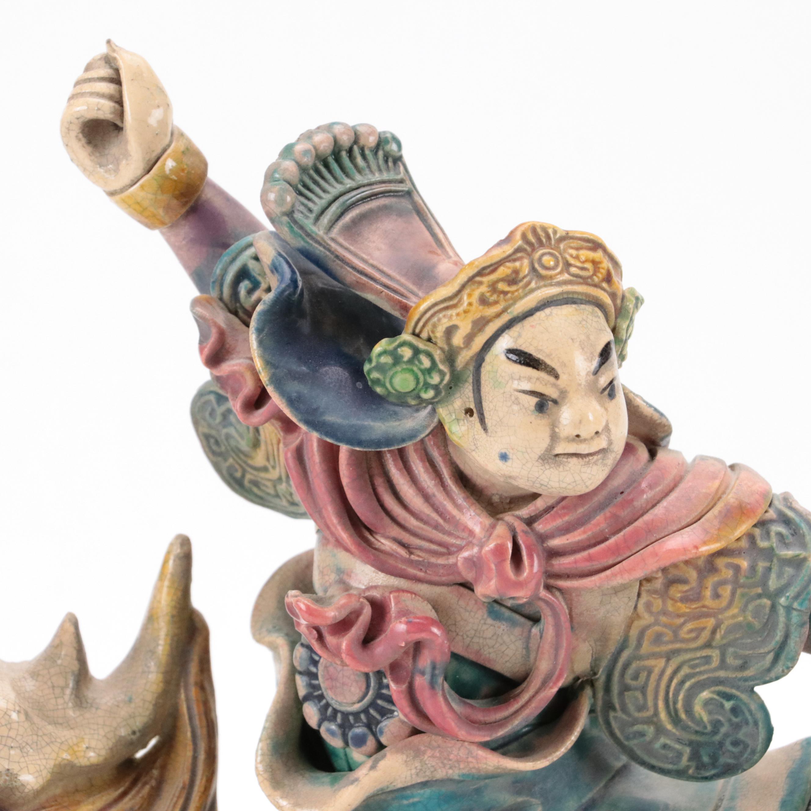 Lin Guang Yi Taiwanese Figural Pottery Warrior and Guardian Lion Roof Tiles