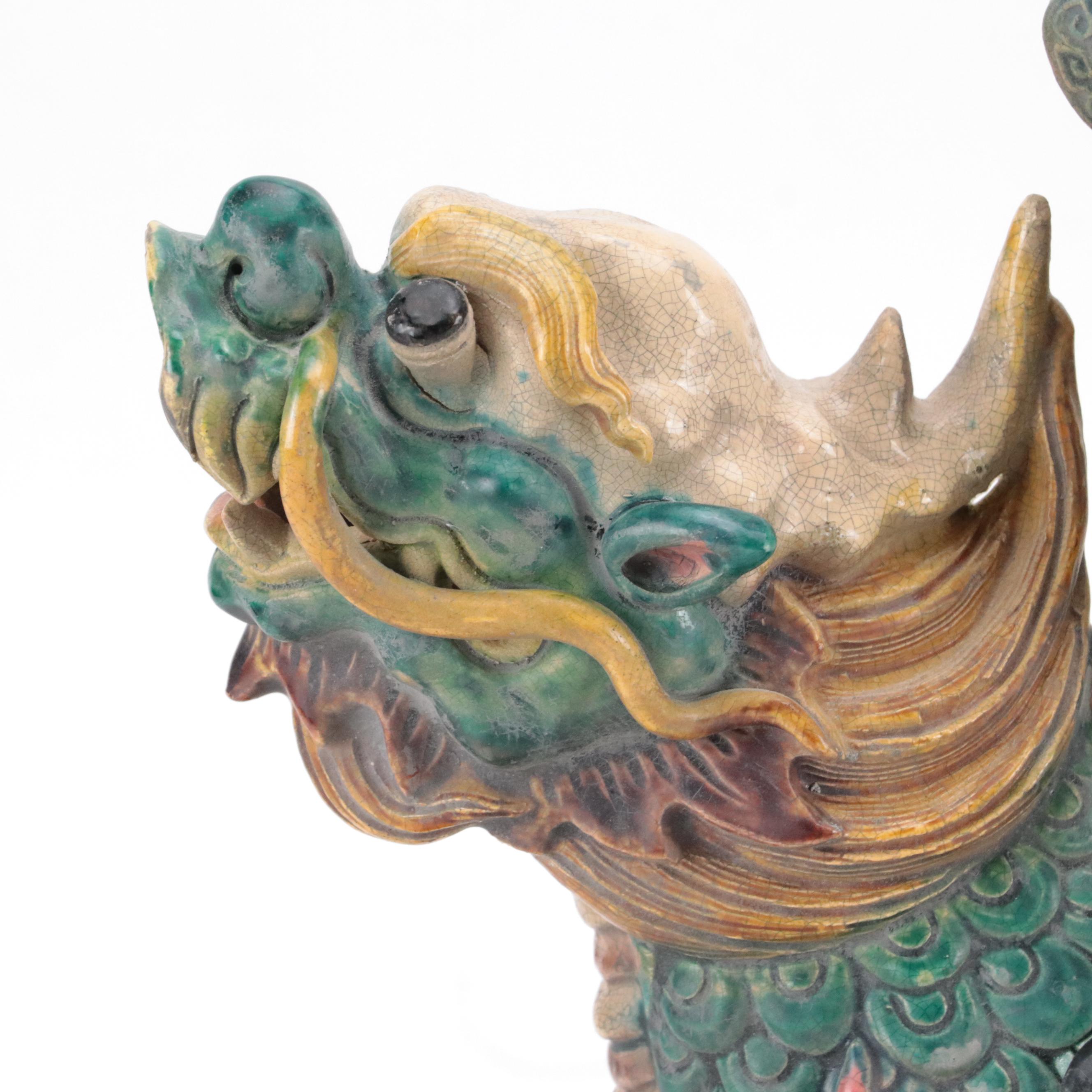 Lin Guang Yi Taiwanese Figural Pottery Warrior and Guardian Lion Roof Tiles