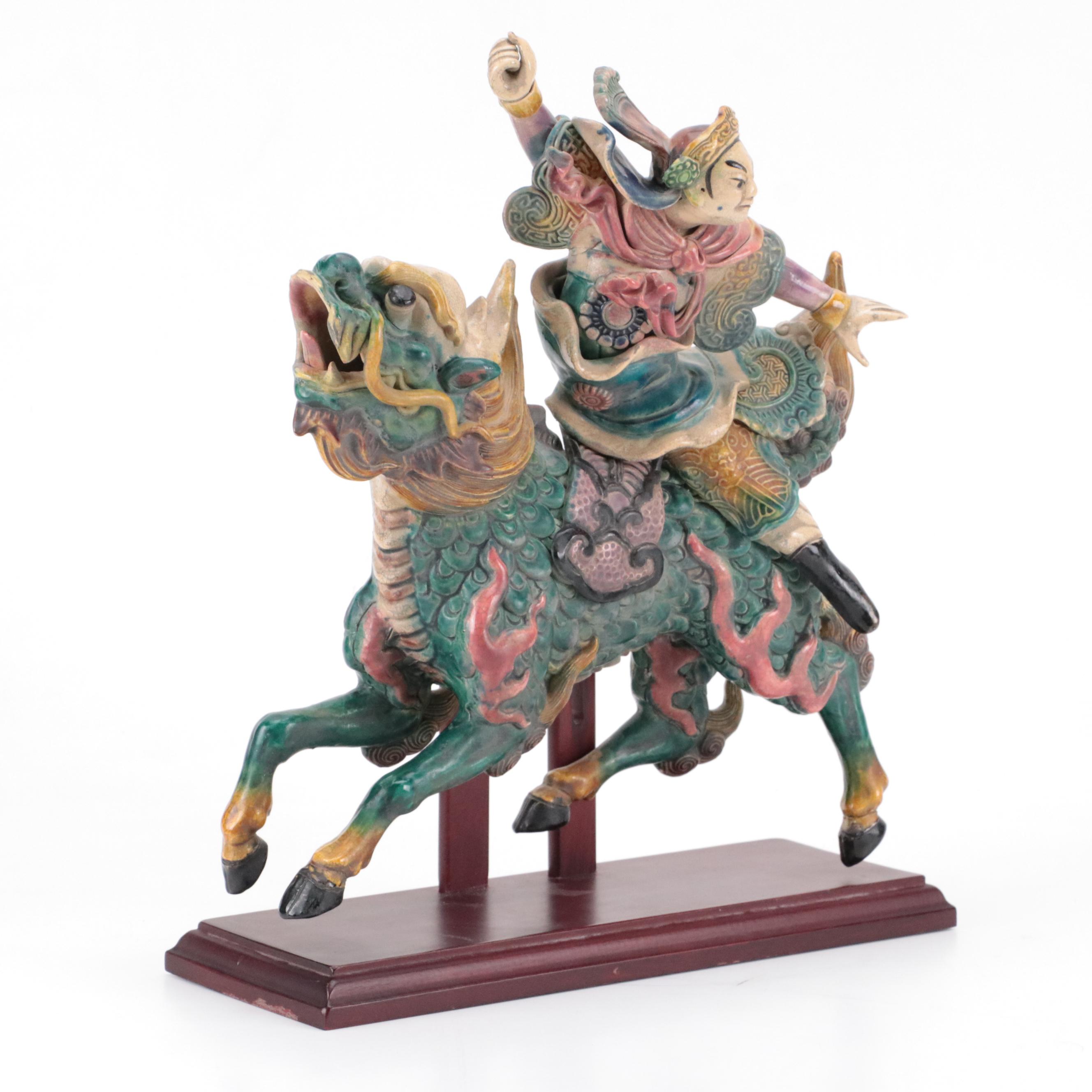 Lin Guang Yi Taiwanese Figural Pottery Warrior and Guardian Lion Roof Tiles