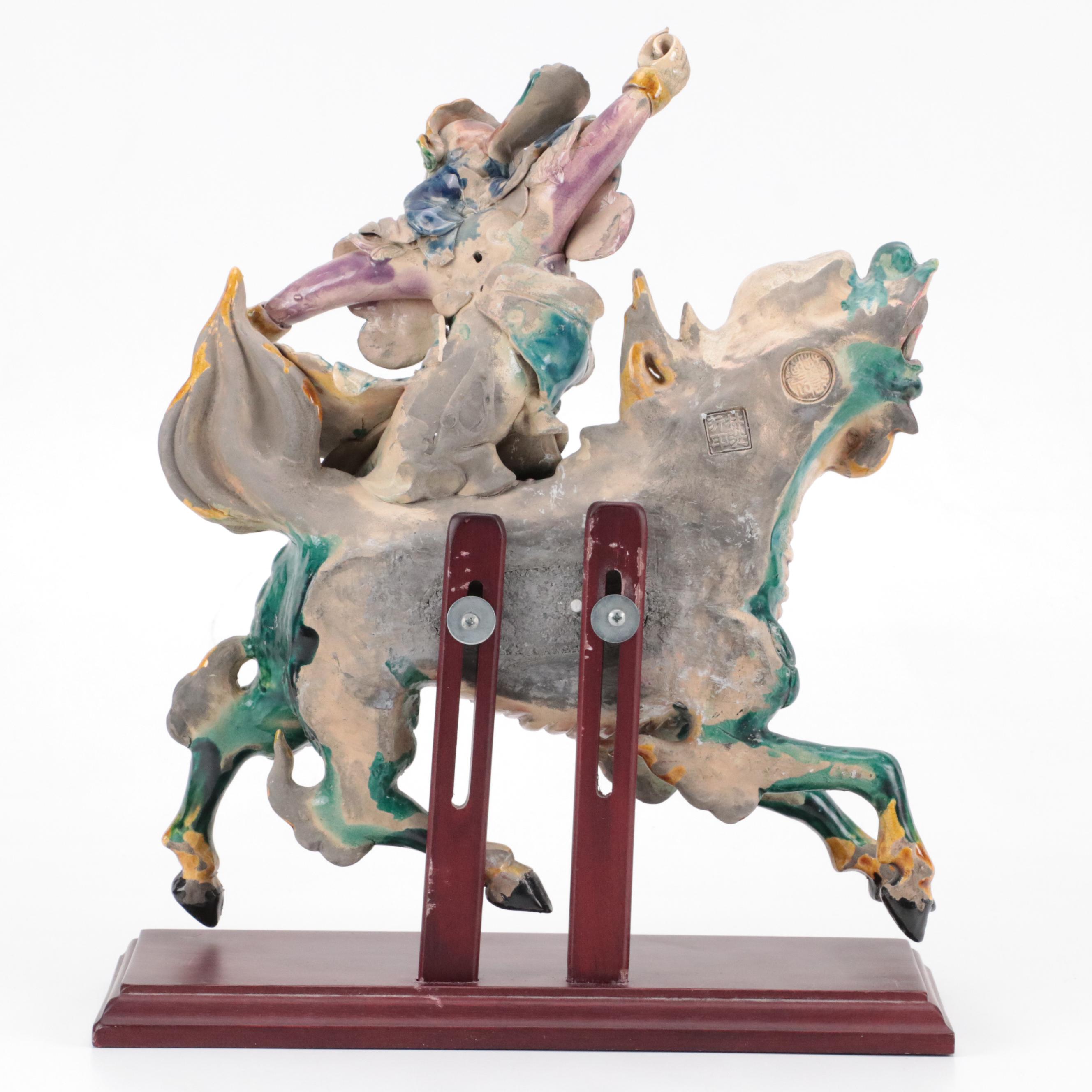 Lin Guang Yi Taiwanese Figural Pottery Warrior and Guardian Lion Roof Tiles