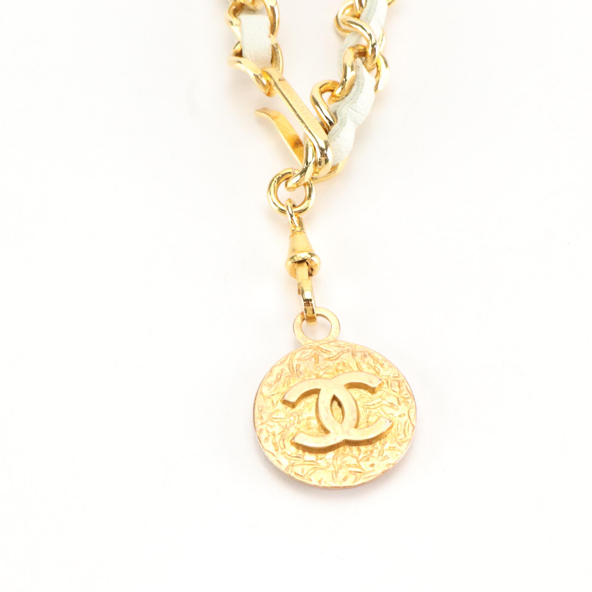 Chanel White Leather Chain Belt with CC Medallion and Box