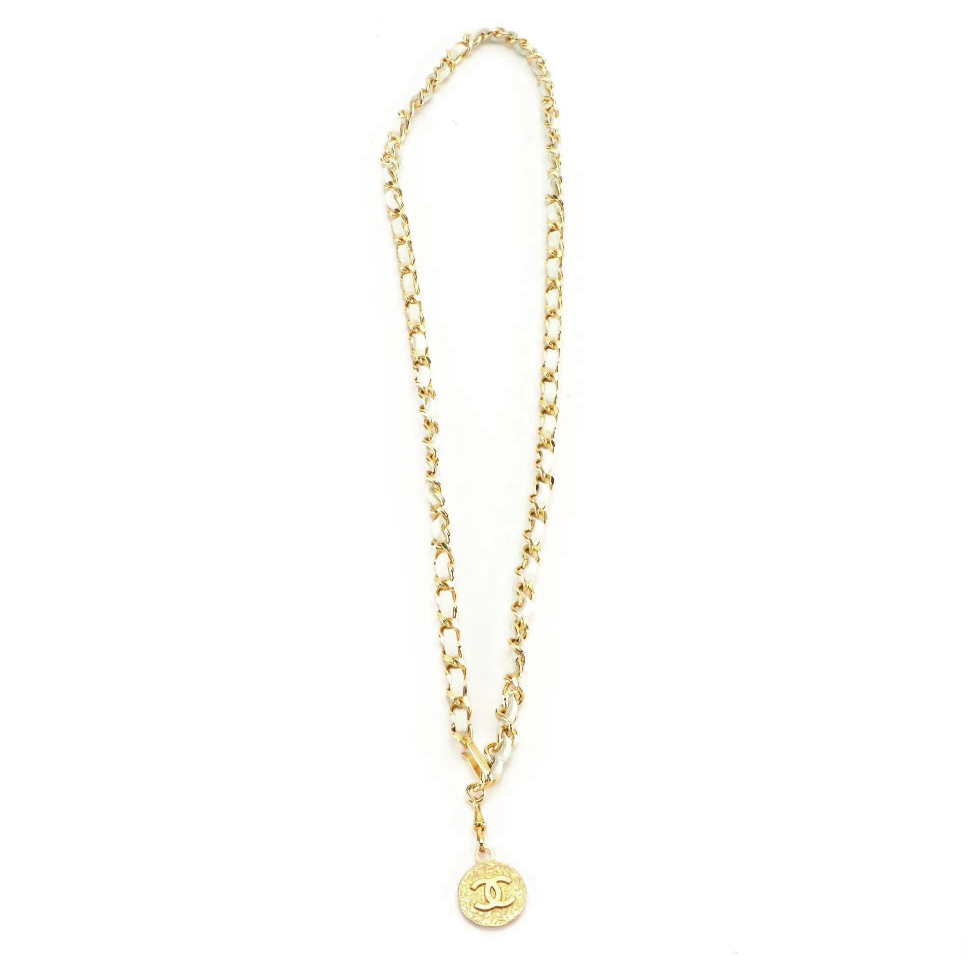 Chanel White Leather Chain Belt with CC Medallion and Box