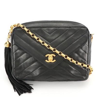 Chanel Tassel Crossbody Bag in Chevron Quilted Black Lambskin Leather