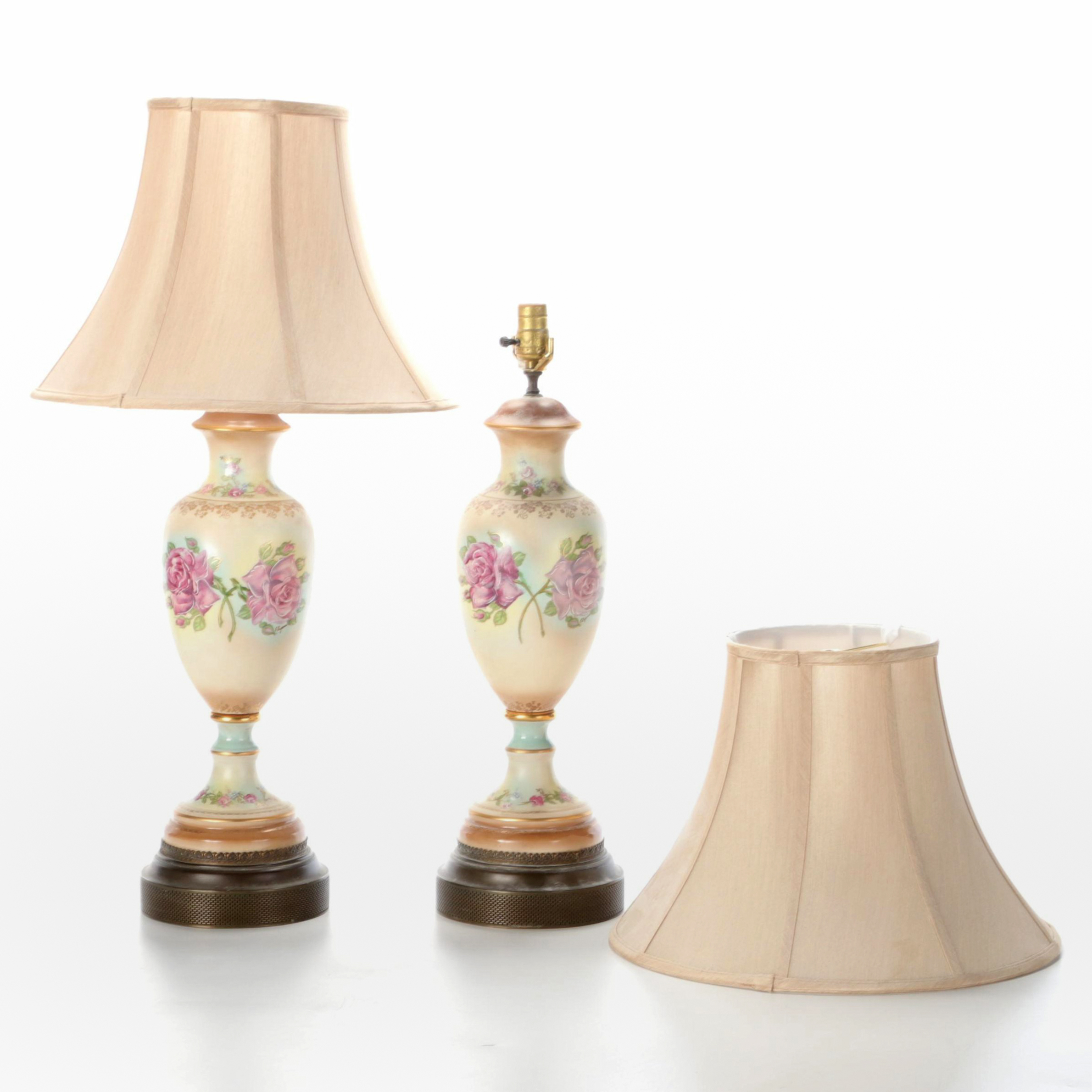 Pair of Hand-Painted Ceramic Table Lamps with Silk Shades