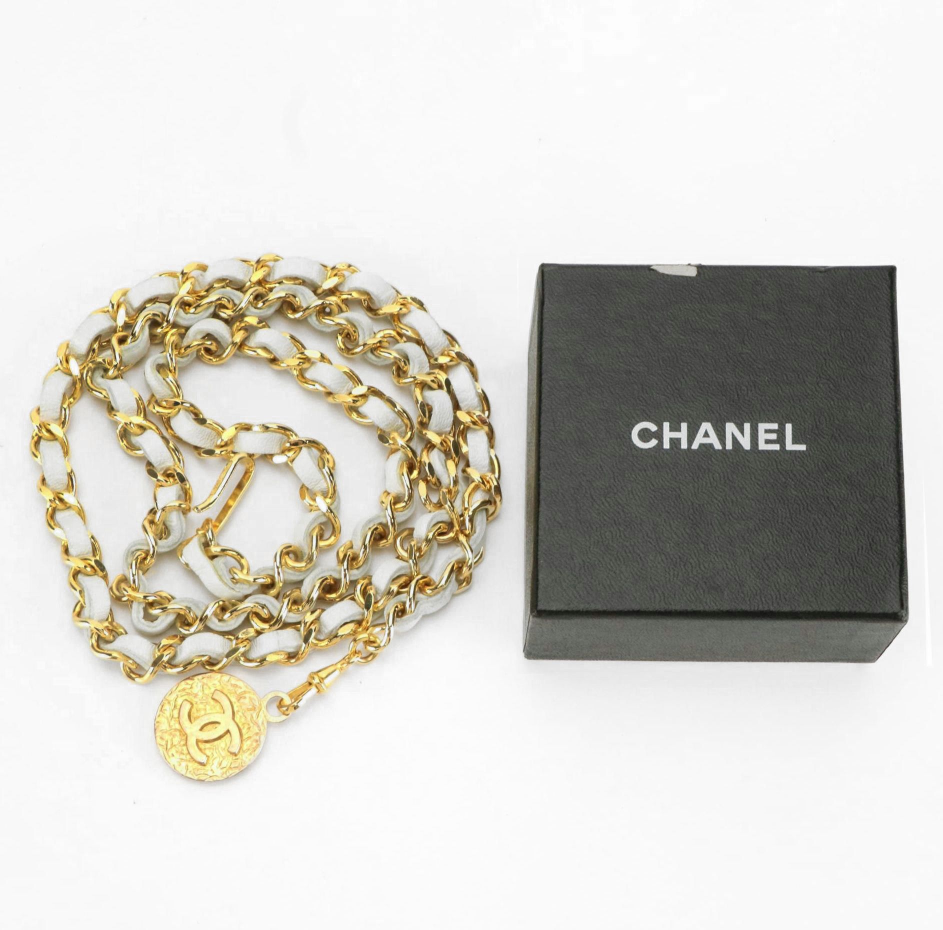 Chanel White Leather Chain Belt with CC Medallion and Box