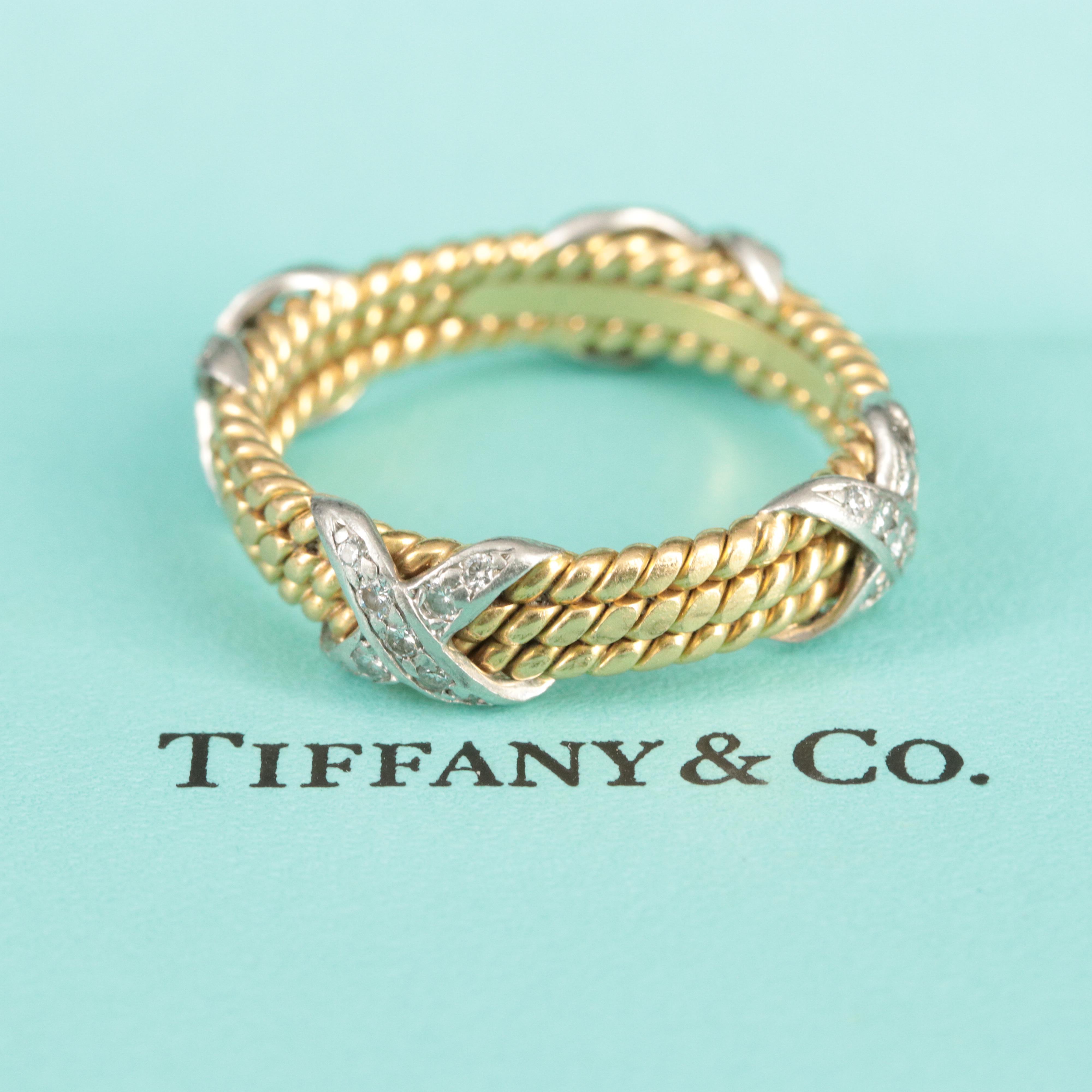 Jean Schlumberger for Tiffany & Co. 18K Platinum and Diamond Rope 3 Row X Ring