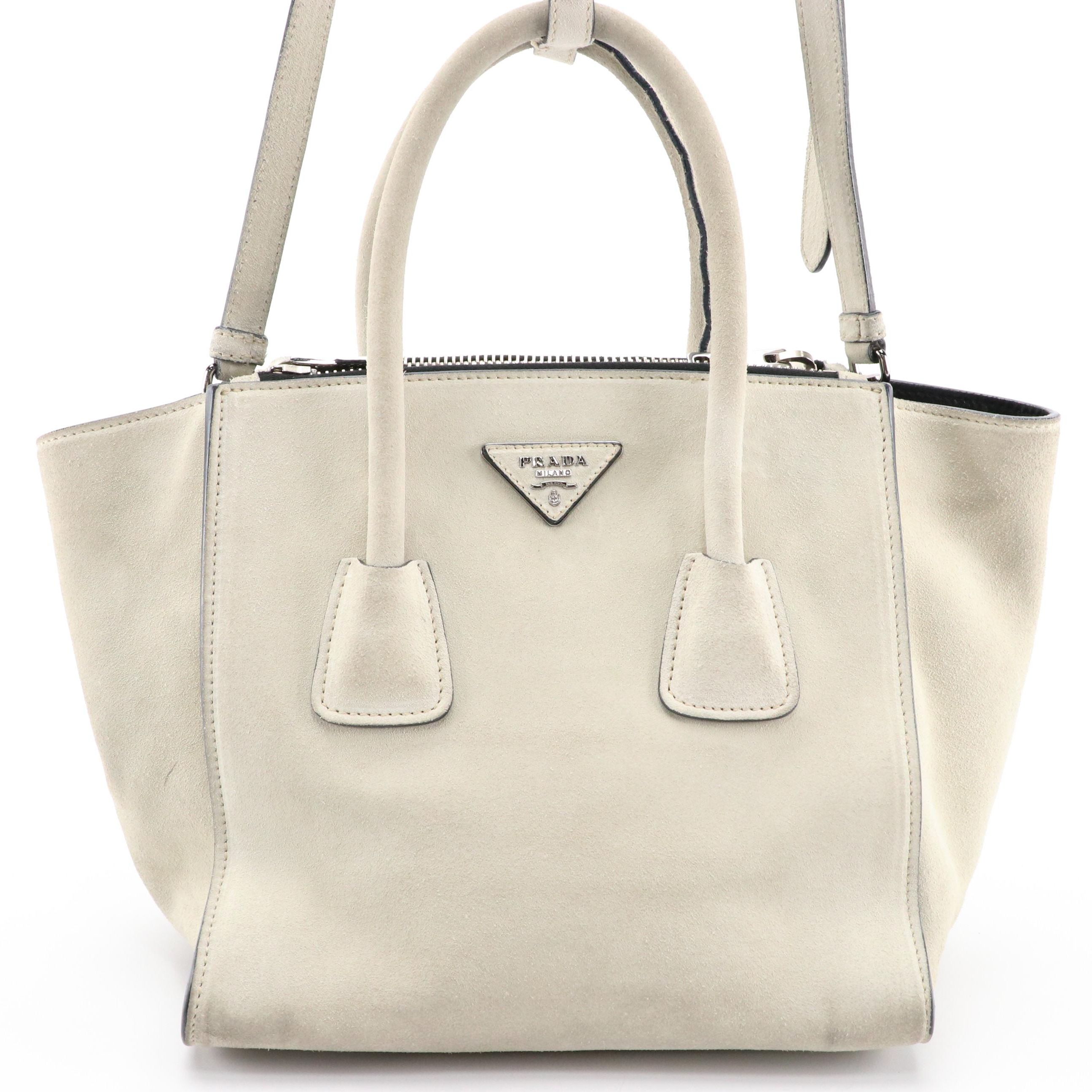 Prada Light Grey Scamosciato Twin Pocket Satchel Tote Bag