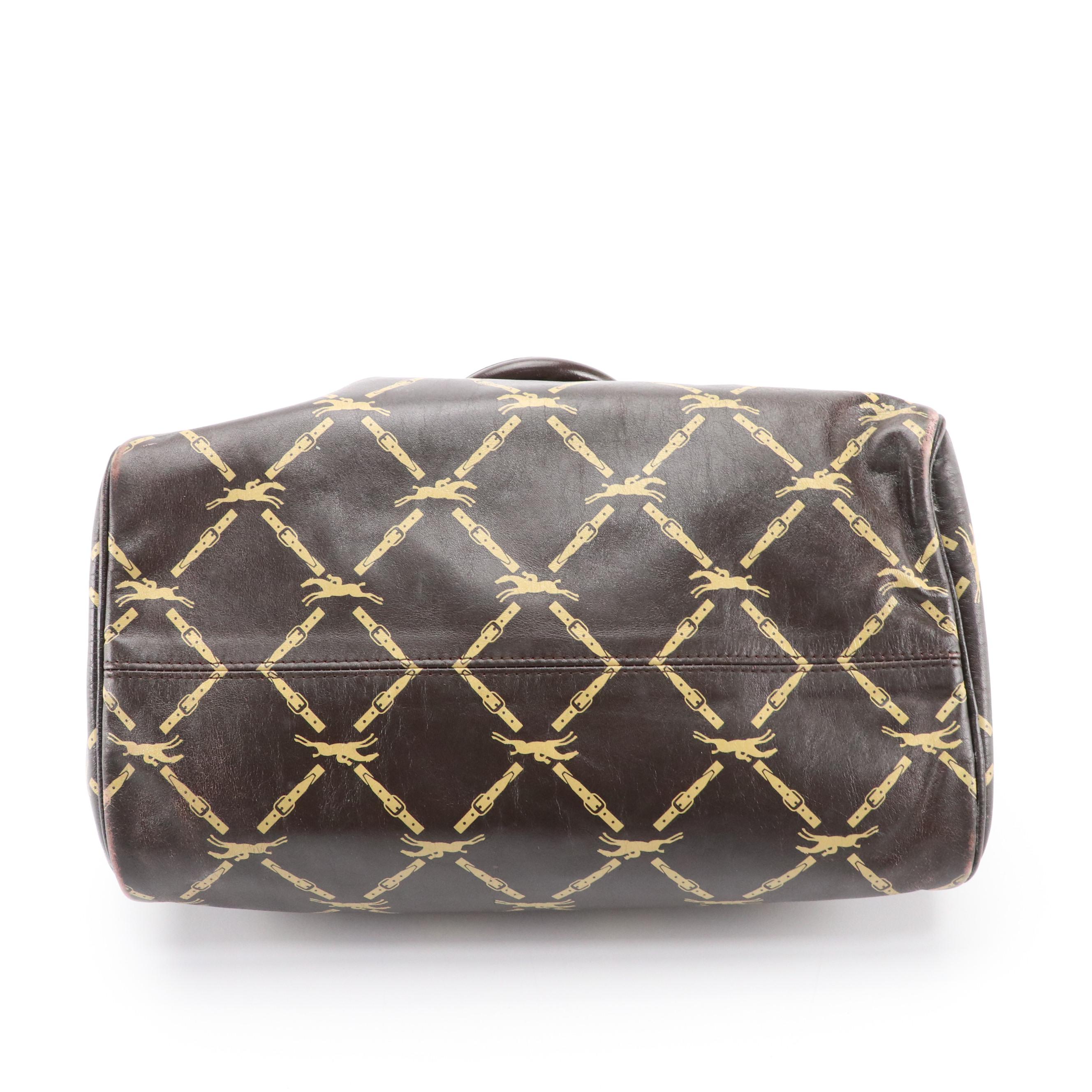 Longchamp Equestrian Print Brown Leather Boston Bag
