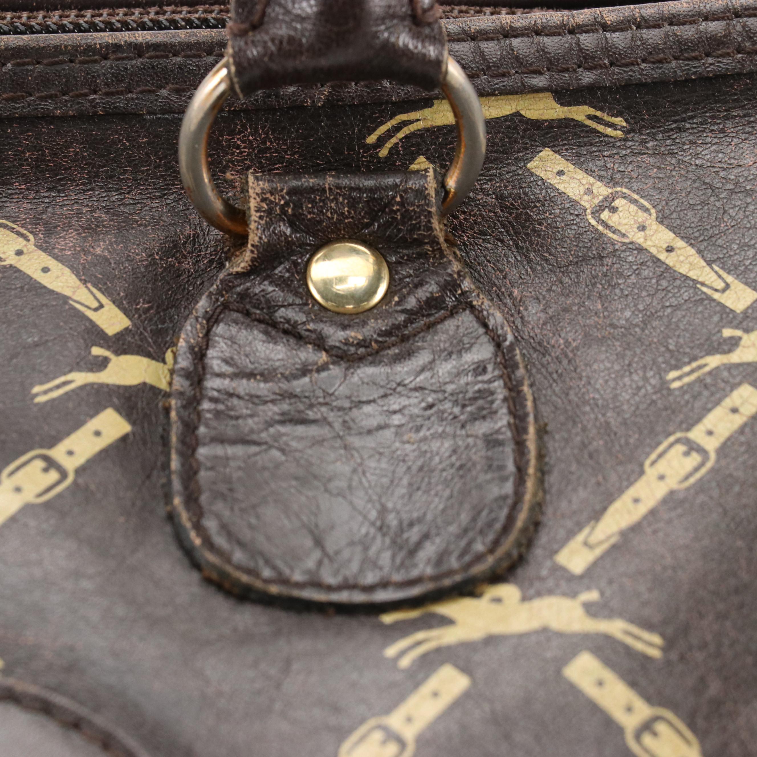 Longchamp Equestrian Print Brown Leather Boston Bag