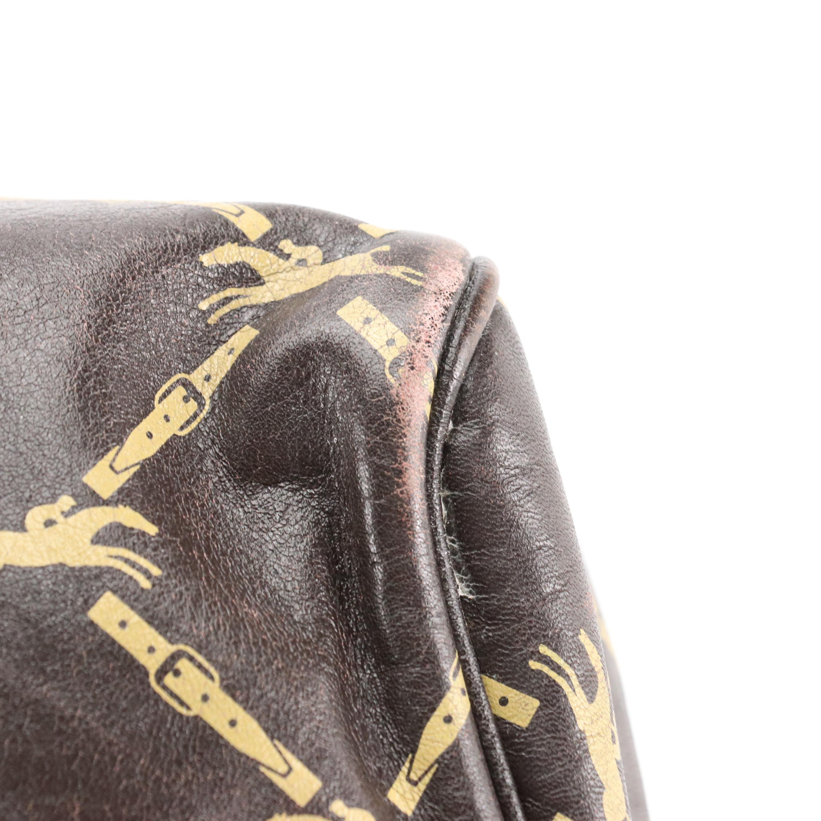 Longchamp Equestrian Print Brown Leather Boston Bag