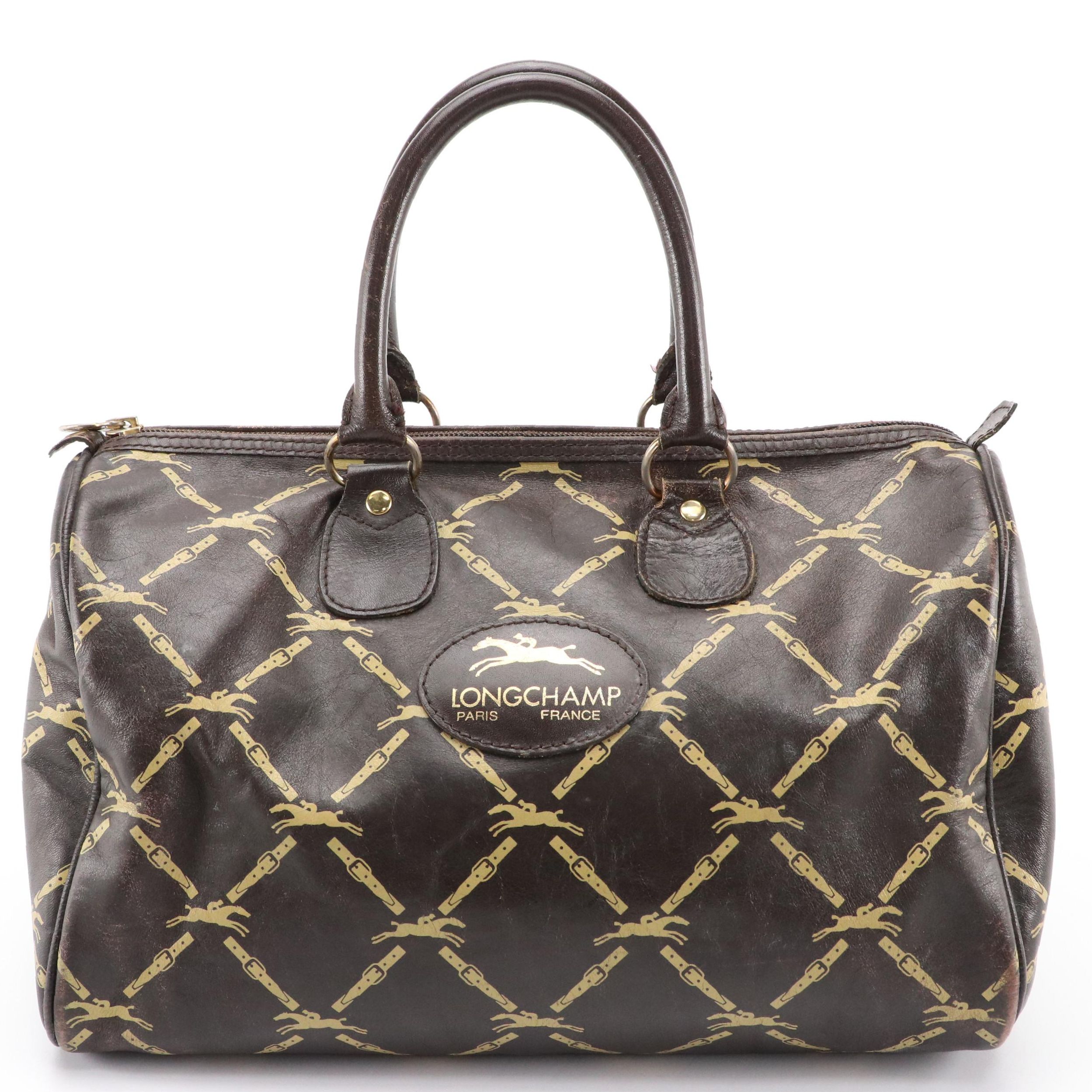 Longchamp Equestrian Print Brown Leather Boston Bag
