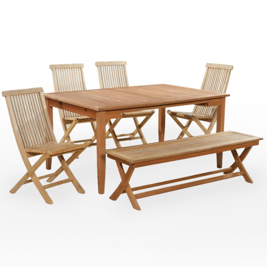 World Market "Senaya" Dining Table, Global Living Teak Folding Chairs Plus Bench