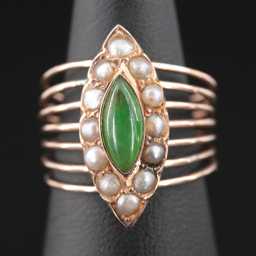 10K Rose Gold Jadeite and Pearl Navette Ring