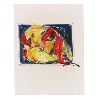 Jack Meanwell Modern Figural Oil Pastel Drawing of Seated Nude, 1987