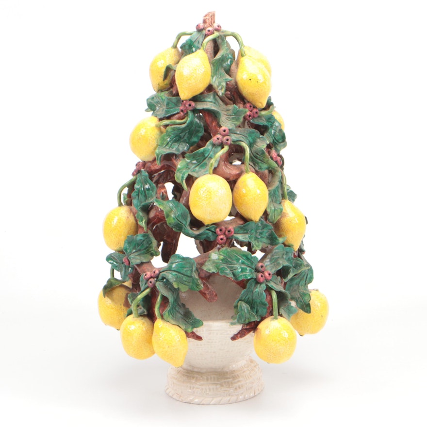 Italian Majolica Lemon Tree Ceramic Topiary, Mid To Late 20th Century
