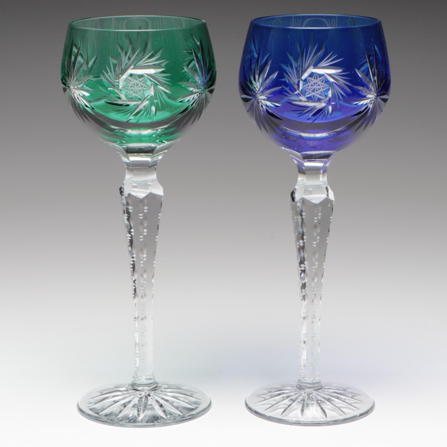 Bohemian Style Cut to Clear Emerald and Cobalt Crystal Wine Glasses