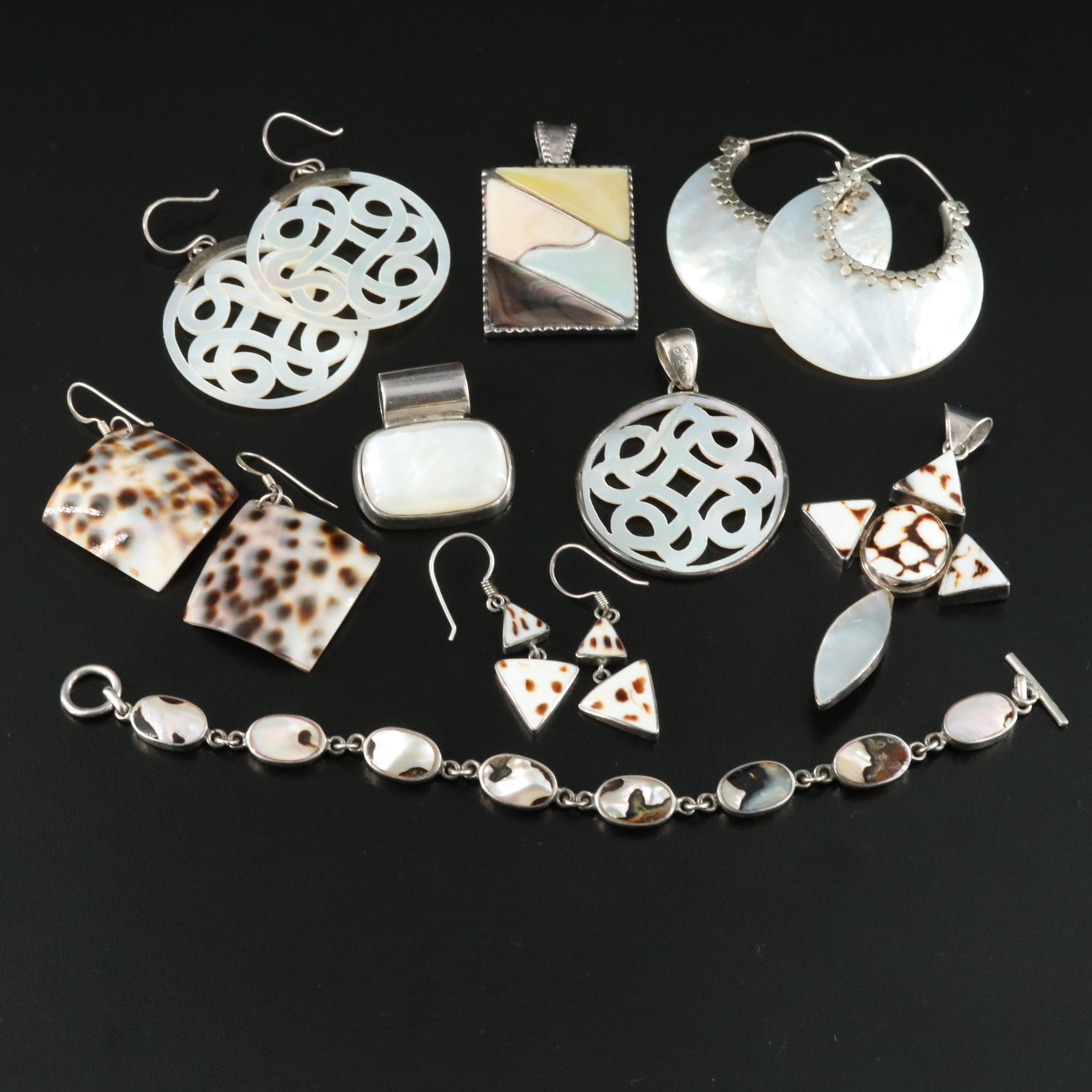 Sterling Mother of Pearl and Shell Earrings, Pendants and Bracelet