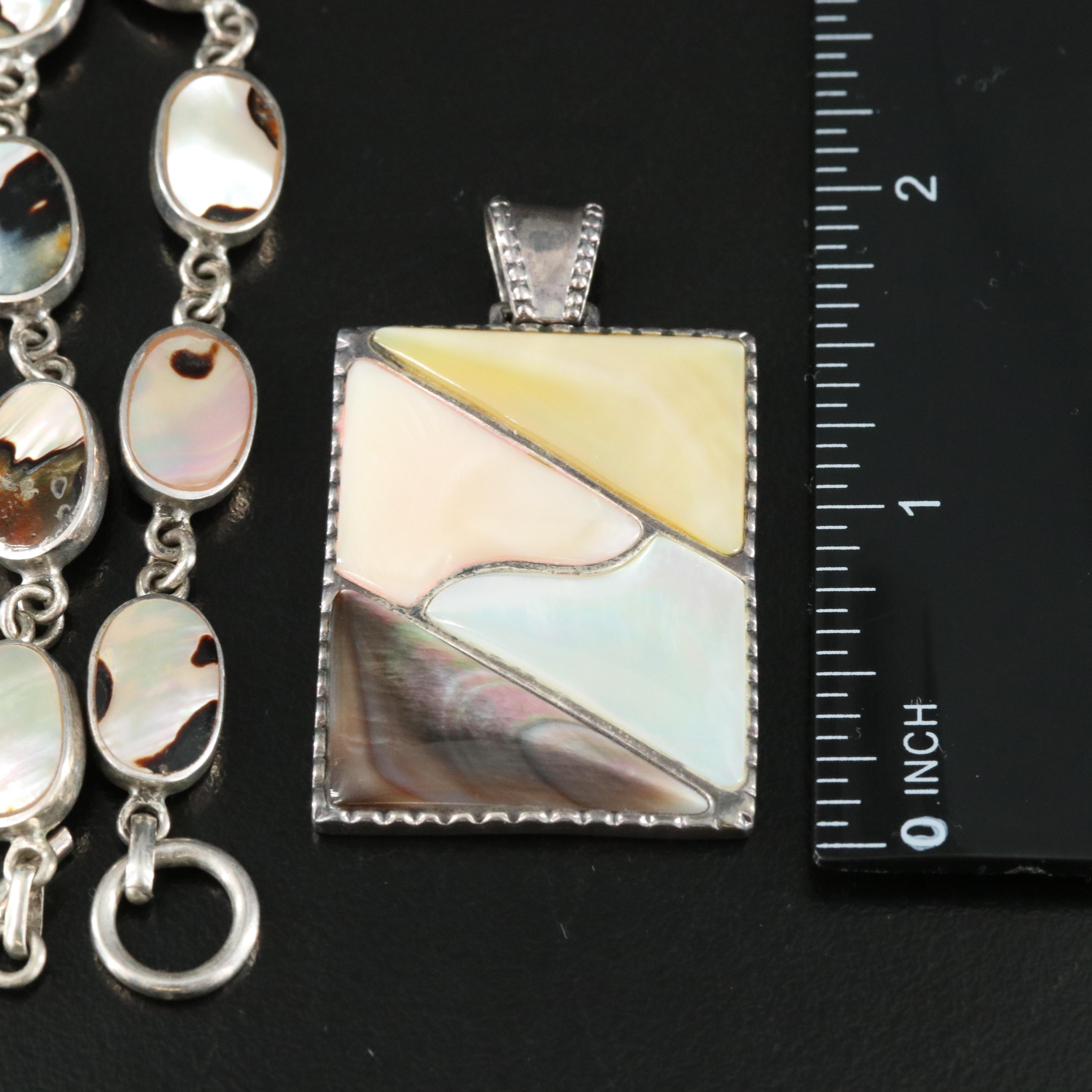 Sterling Mother of Pearl and Shell Earrings, Pendants and Bracelet