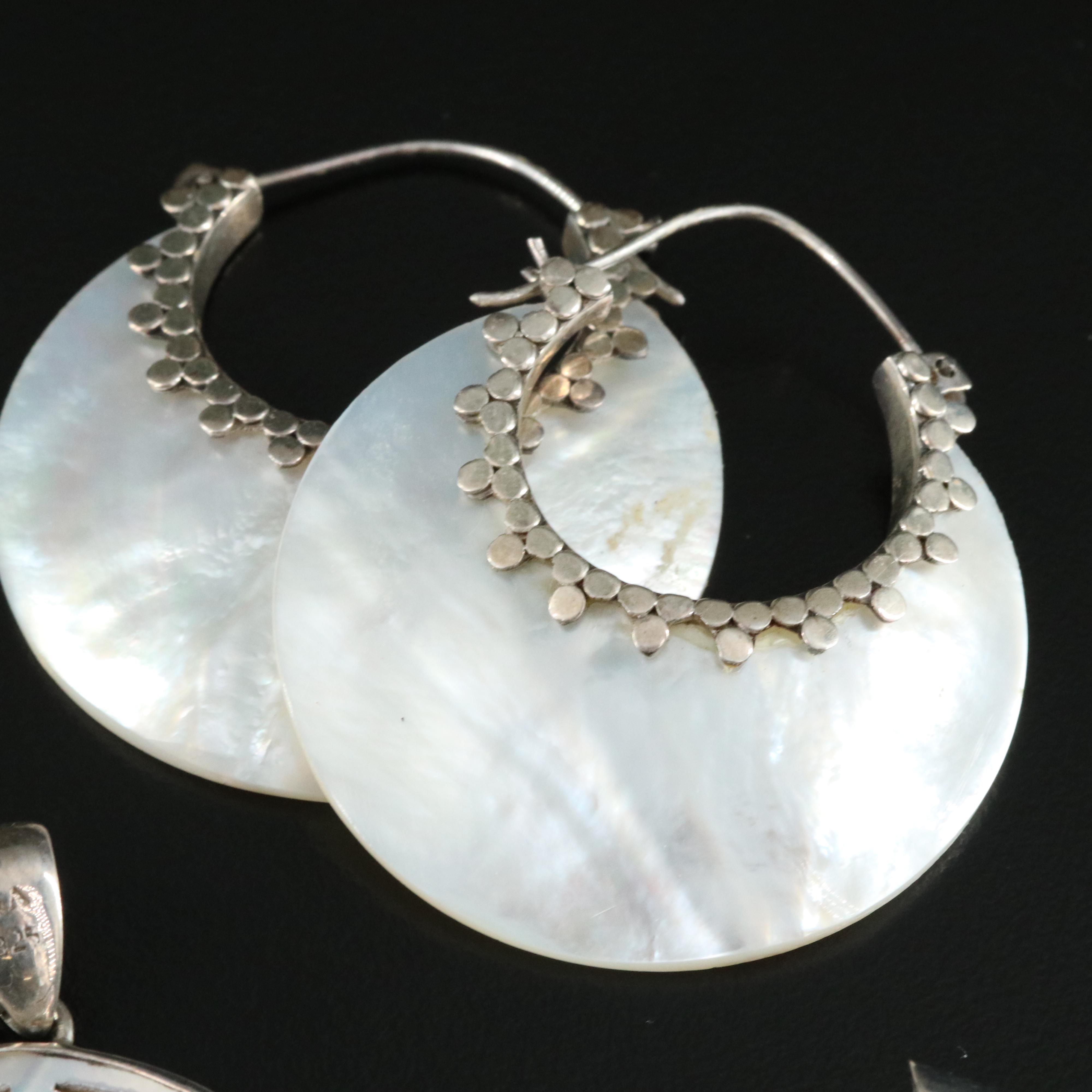 Sterling Mother of Pearl and Shell Earrings, Pendants and Bracelet