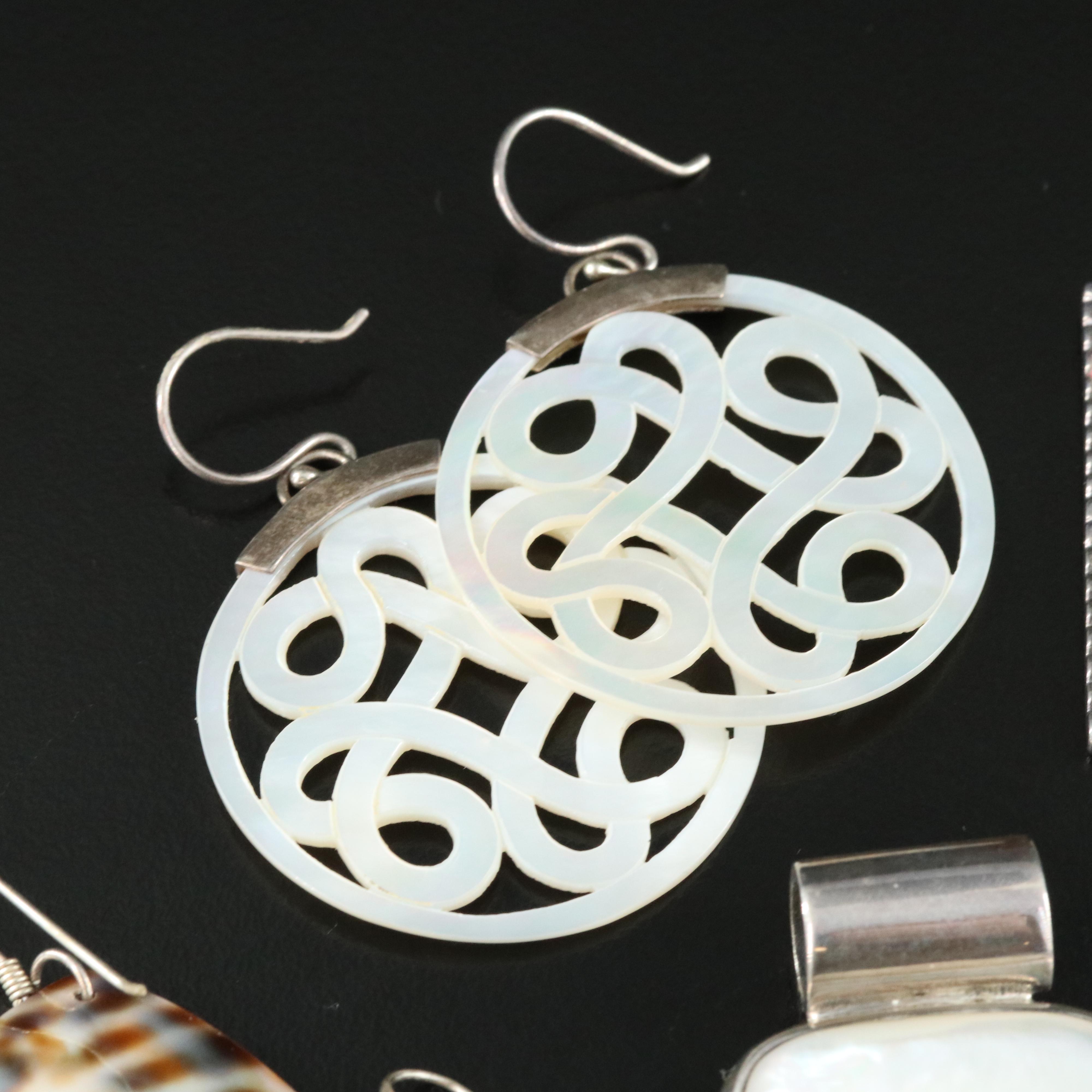 Sterling Mother of Pearl and Shell Earrings, Pendants and Bracelet