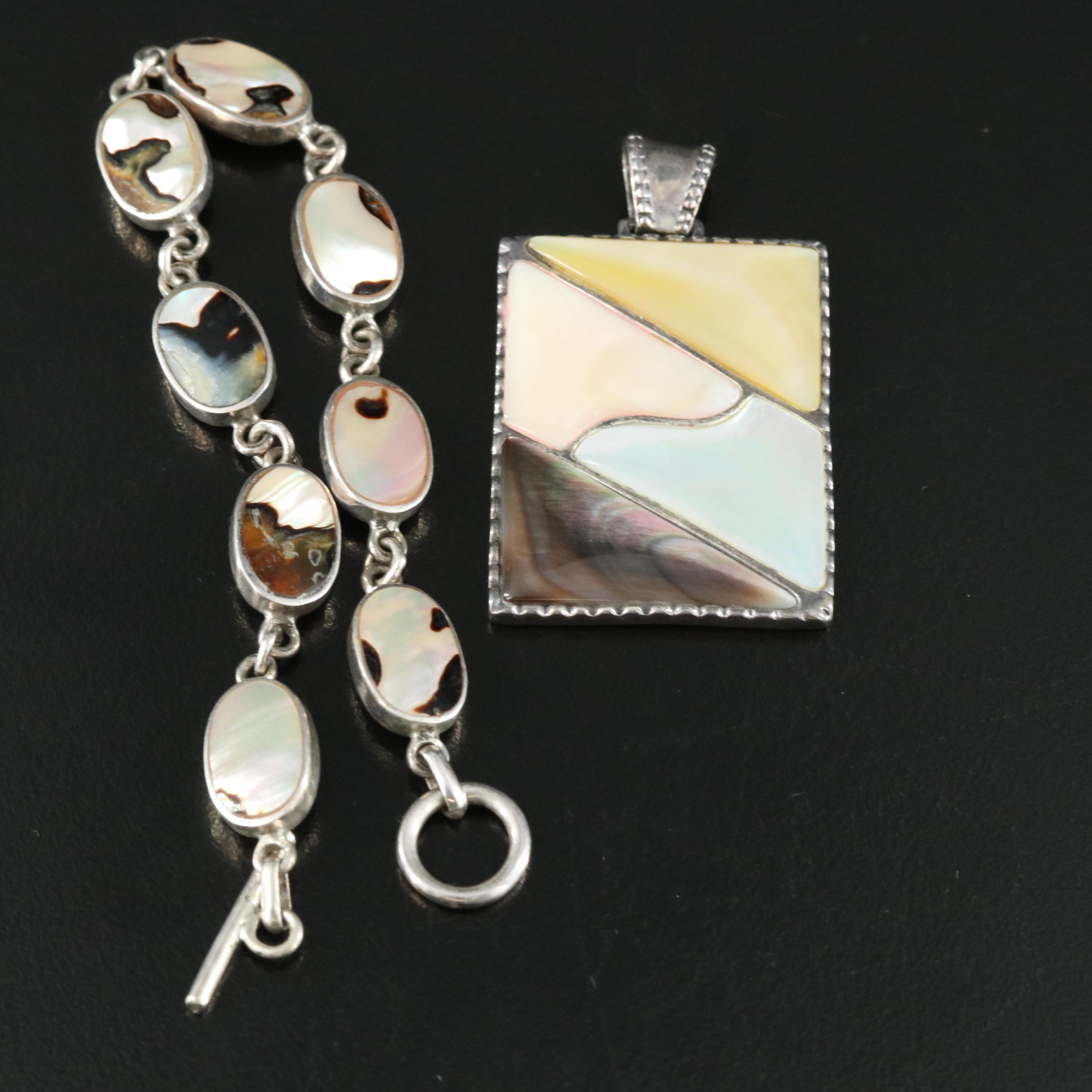 Sterling Mother of Pearl and Shell Earrings, Pendants and Bracelet