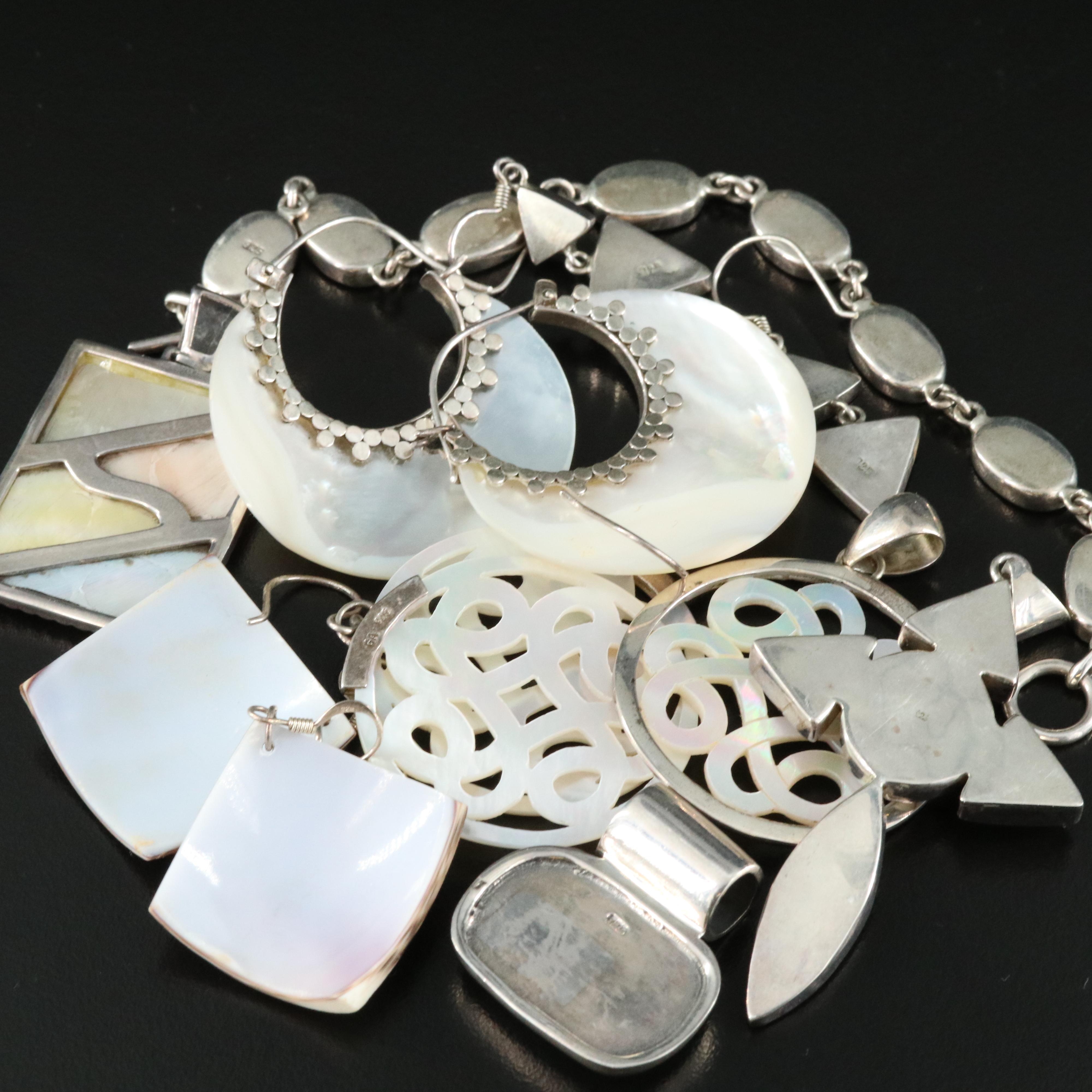 Sterling Mother of Pearl and Shell Earrings, Pendants and Bracelet