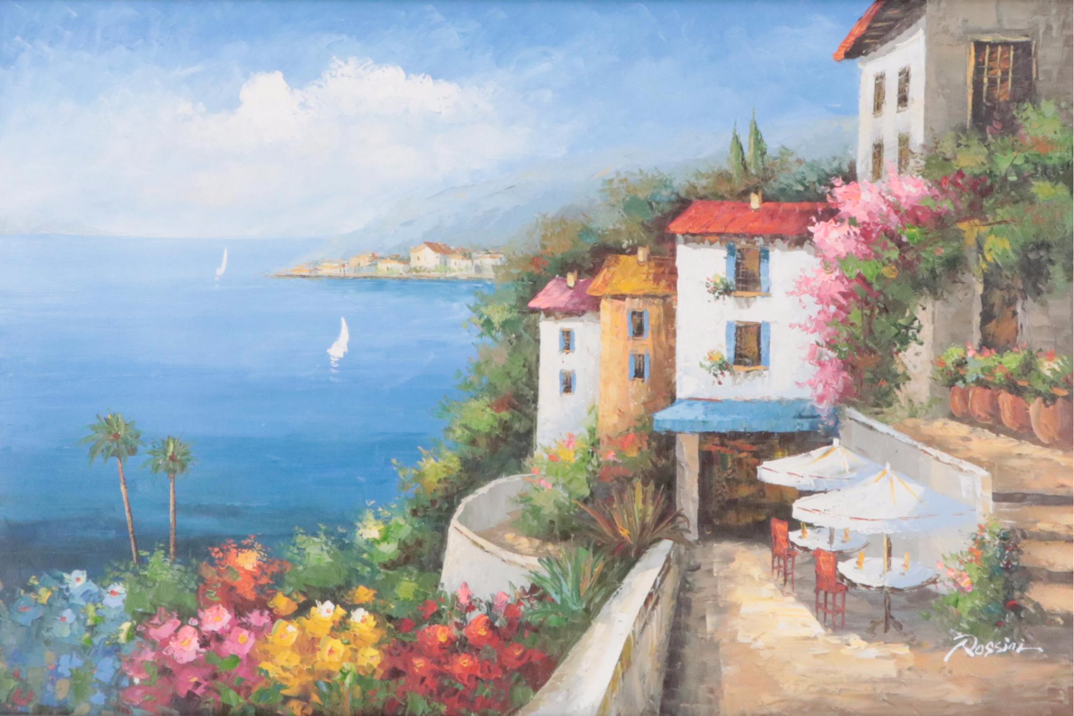 Rossini Oil Painting of Coastal Landscape with Villa, Late 20th Century