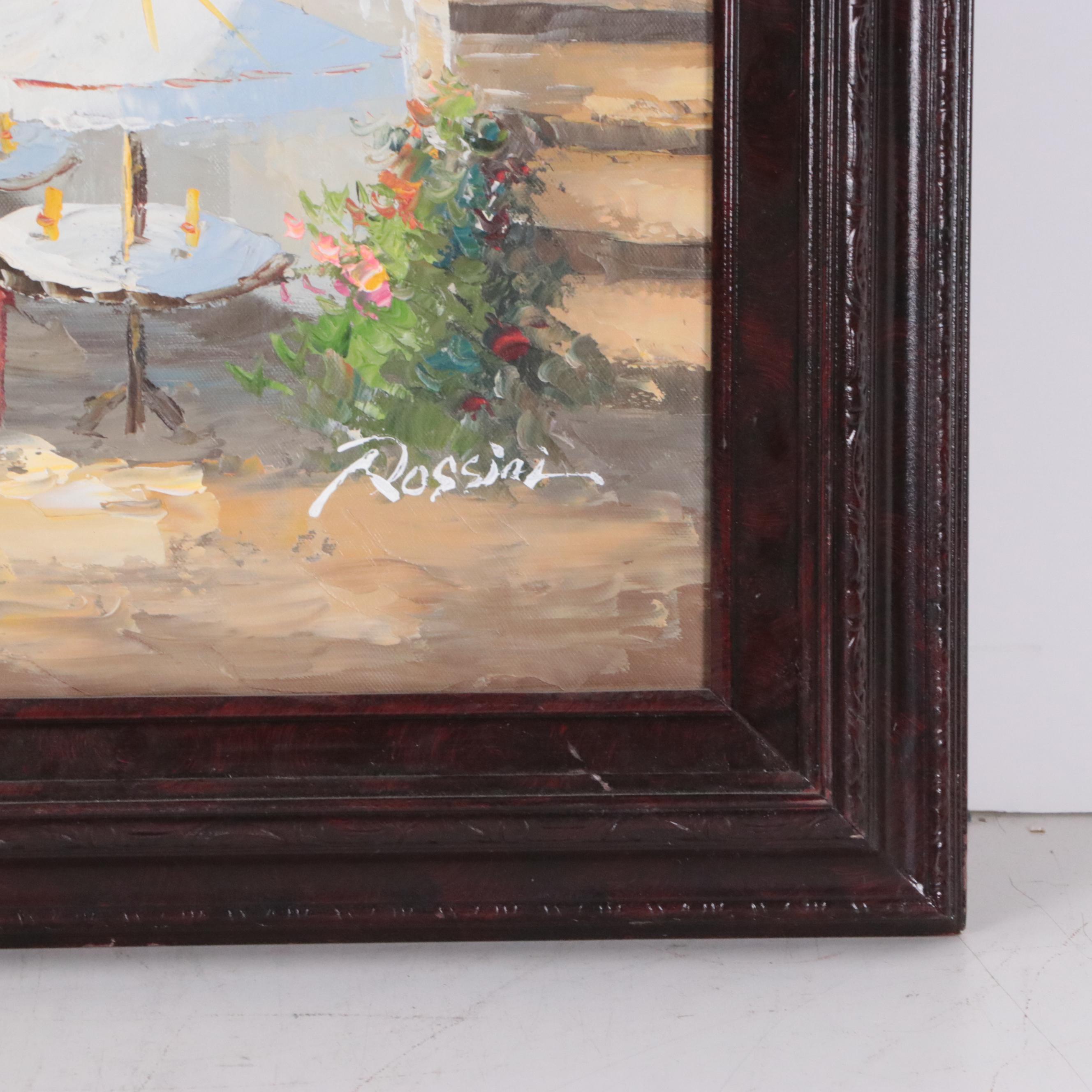 Rossini Oil Painting of Coastal Landscape with Villa, Late 20th Century