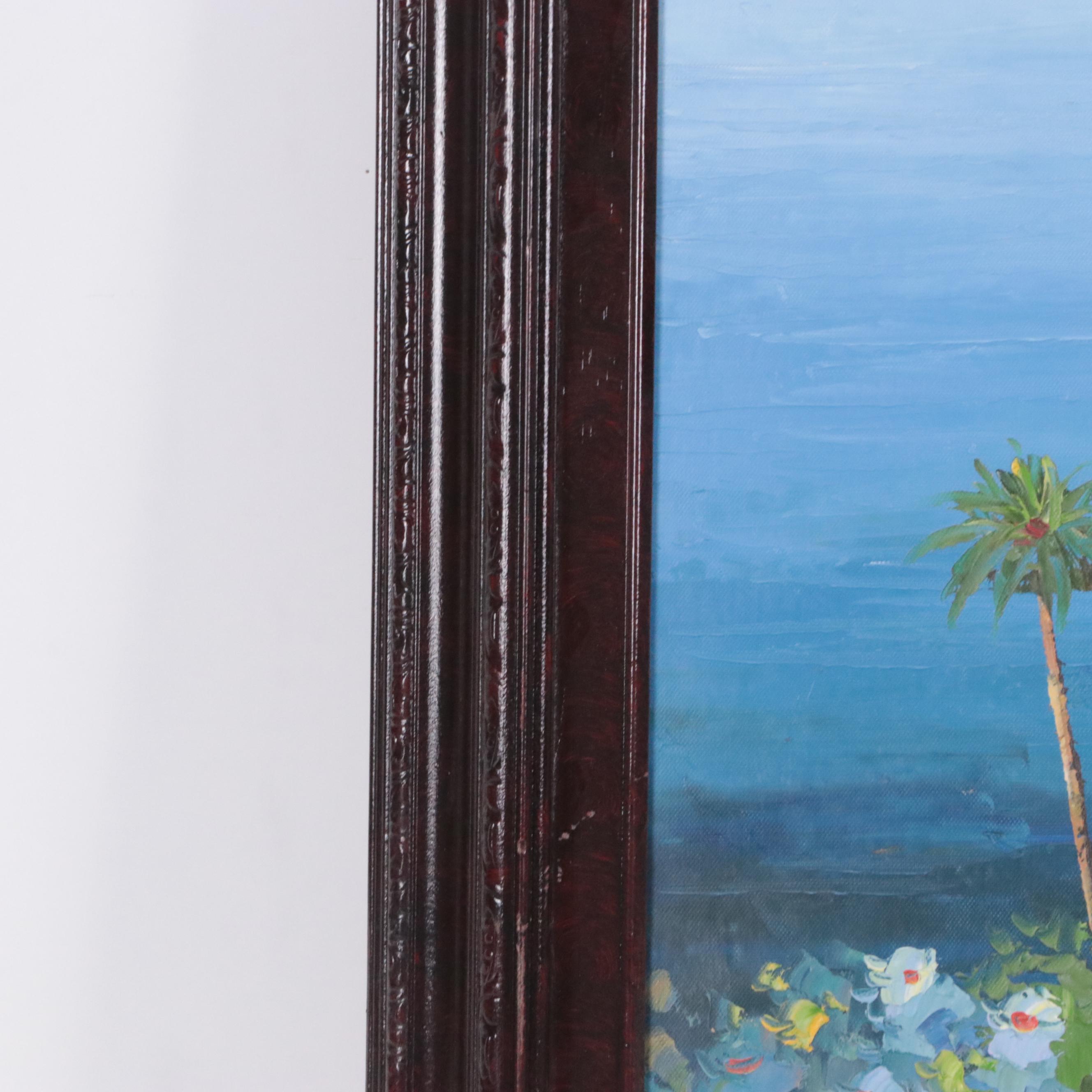 Rossini Oil Painting of Coastal Landscape with Villa, Late 20th Century