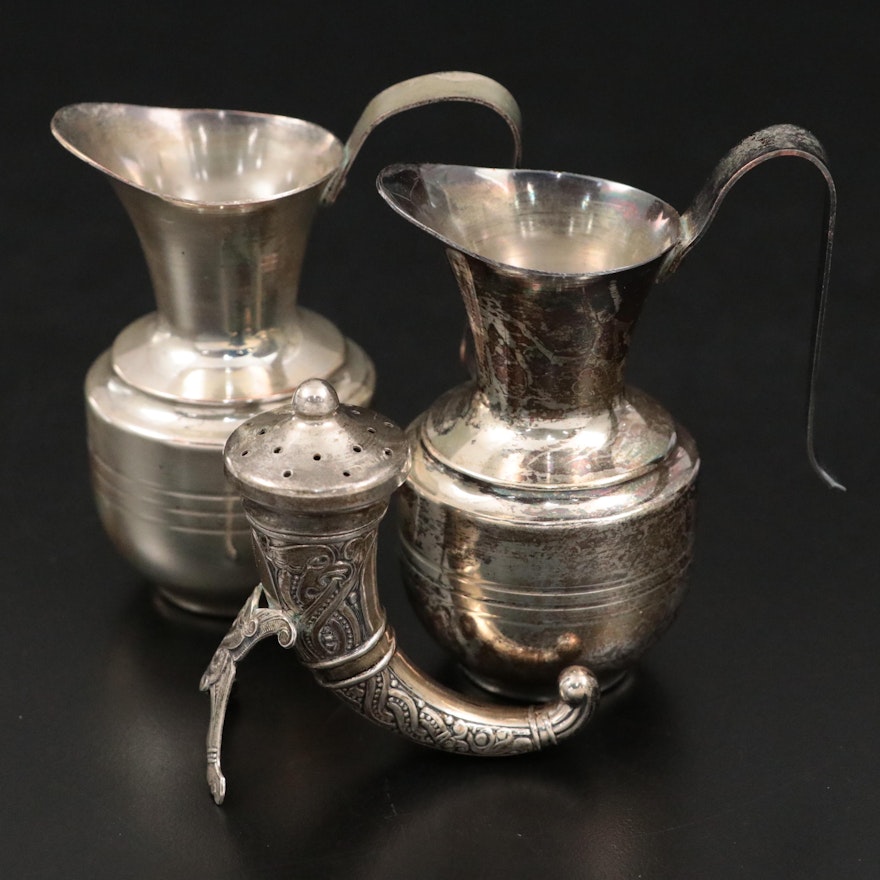 Italian 800 Silver Horn of Prosperity Salt Shaker with Silver Plate Creamers