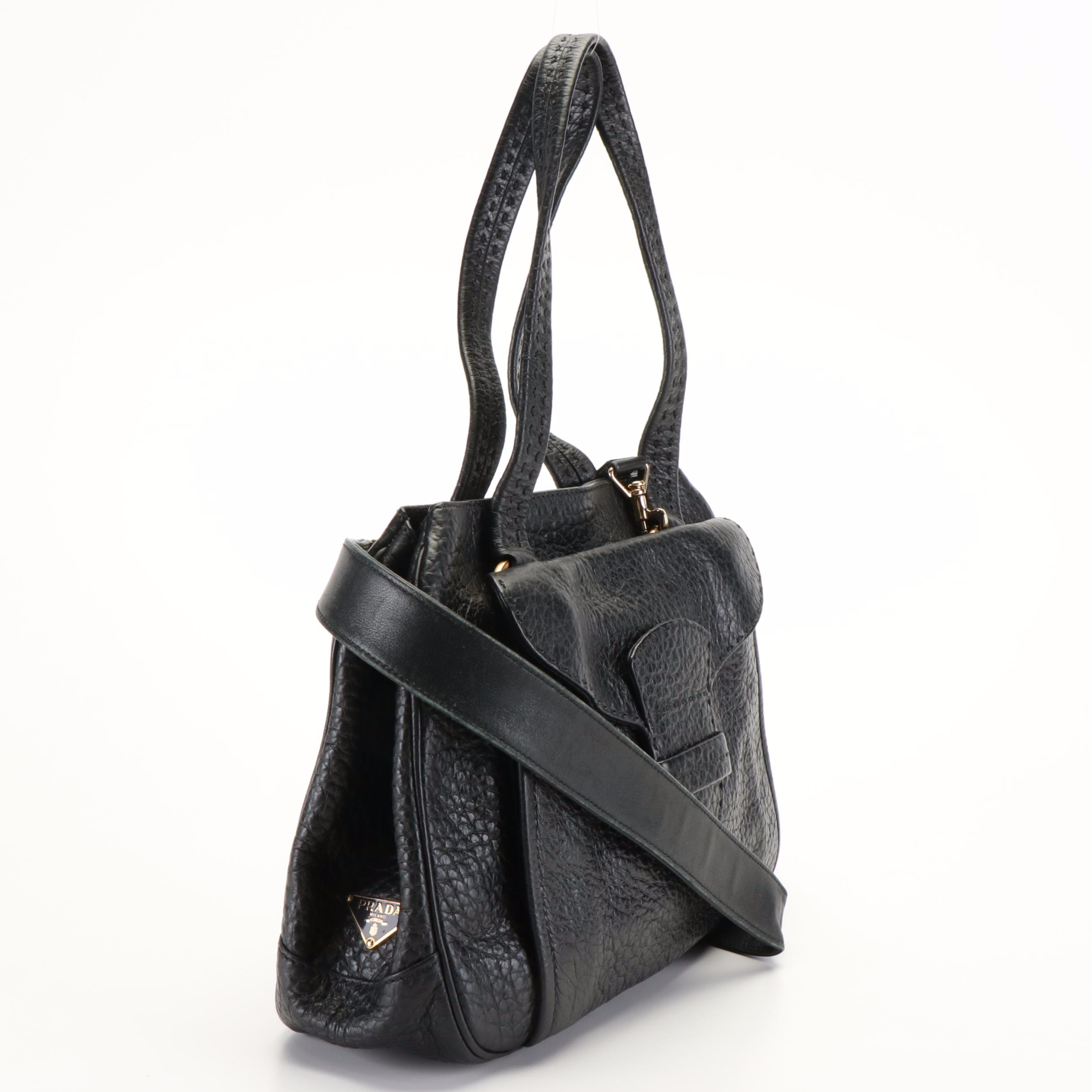 Prada Shoulder Bag in Black Pebbled Leather