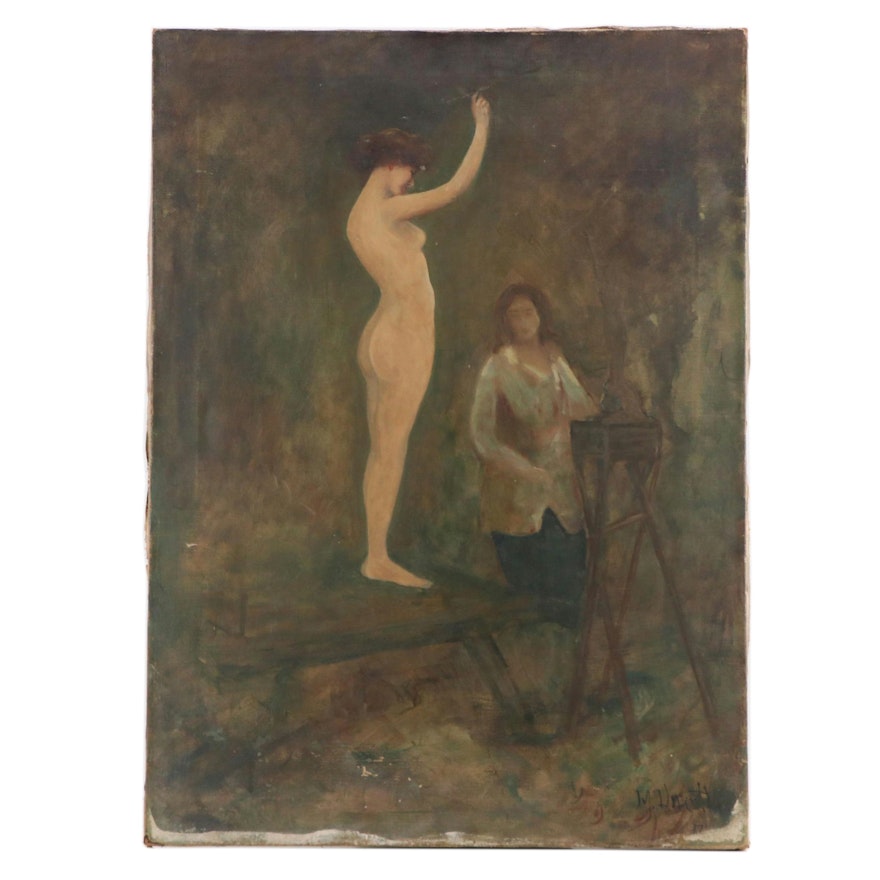 Oil Painting of Nude Figure Study in Academic Setting, 1887