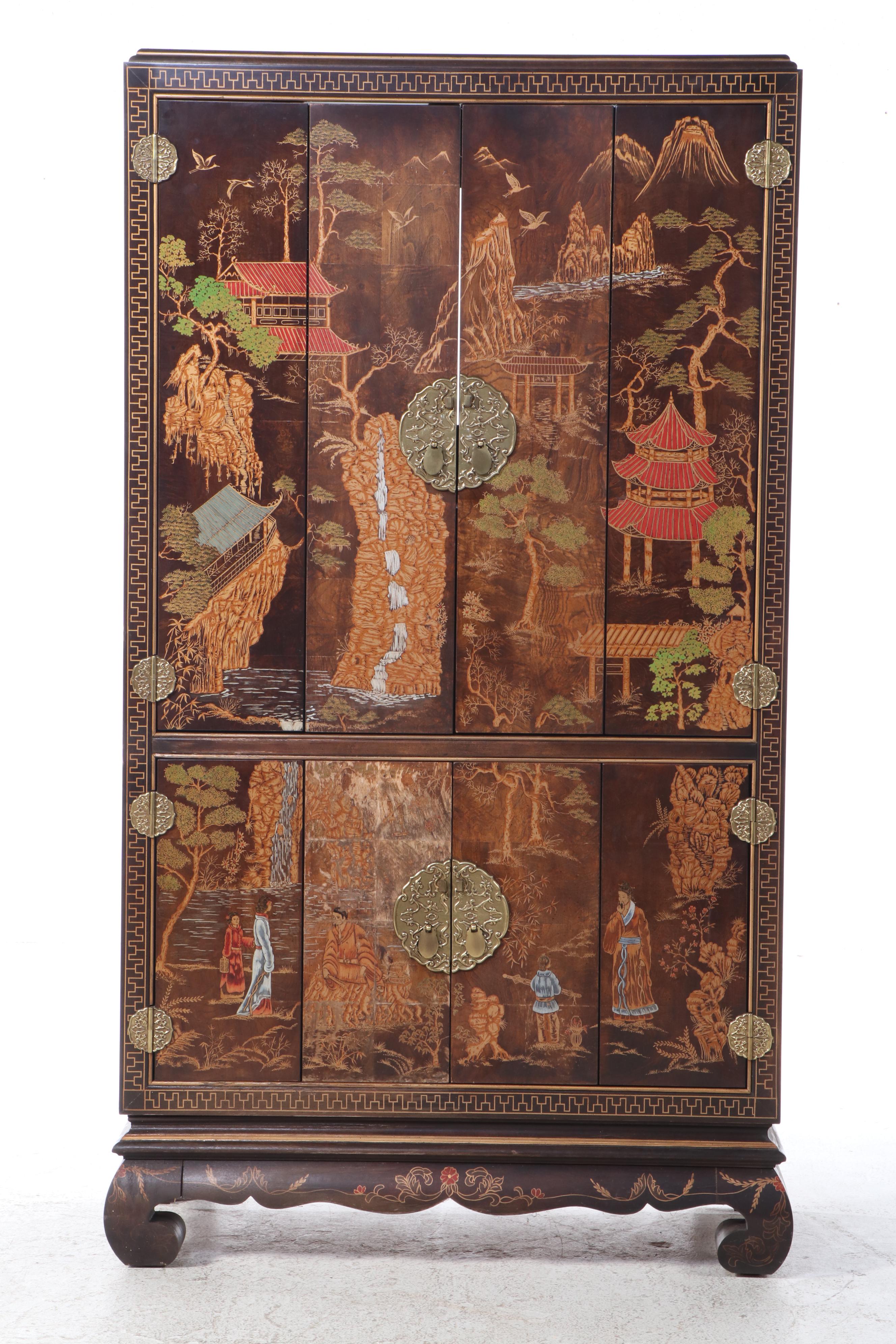 Henredon Brass-Mounted and Chinoiserie-Decorated Elm Media Cabinet, Late 20th C.