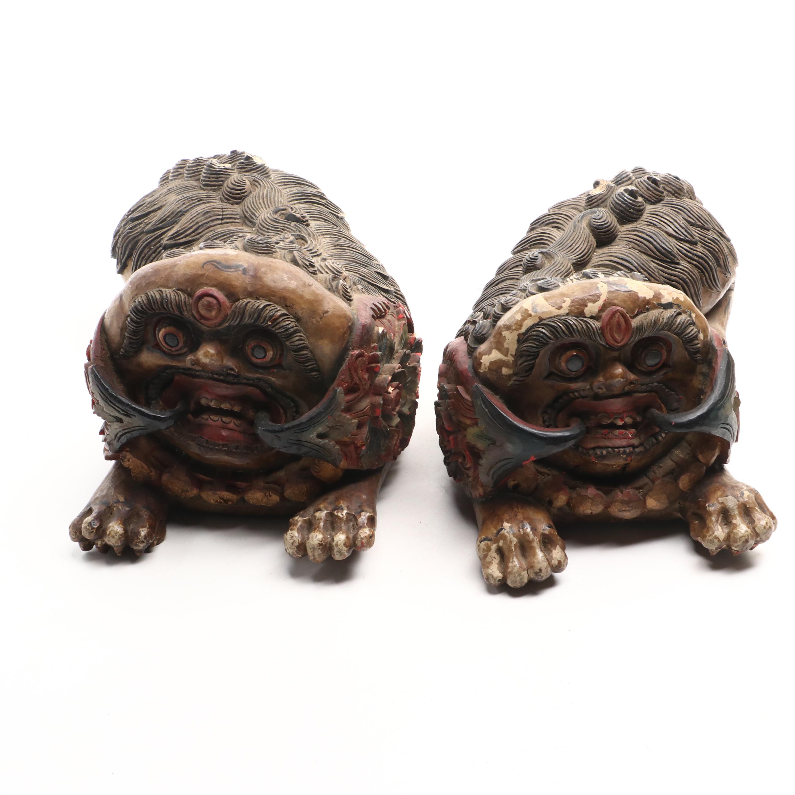 Pair of Chinese Carved and Polychrome-Painted "Shishi" Guardian Lions
