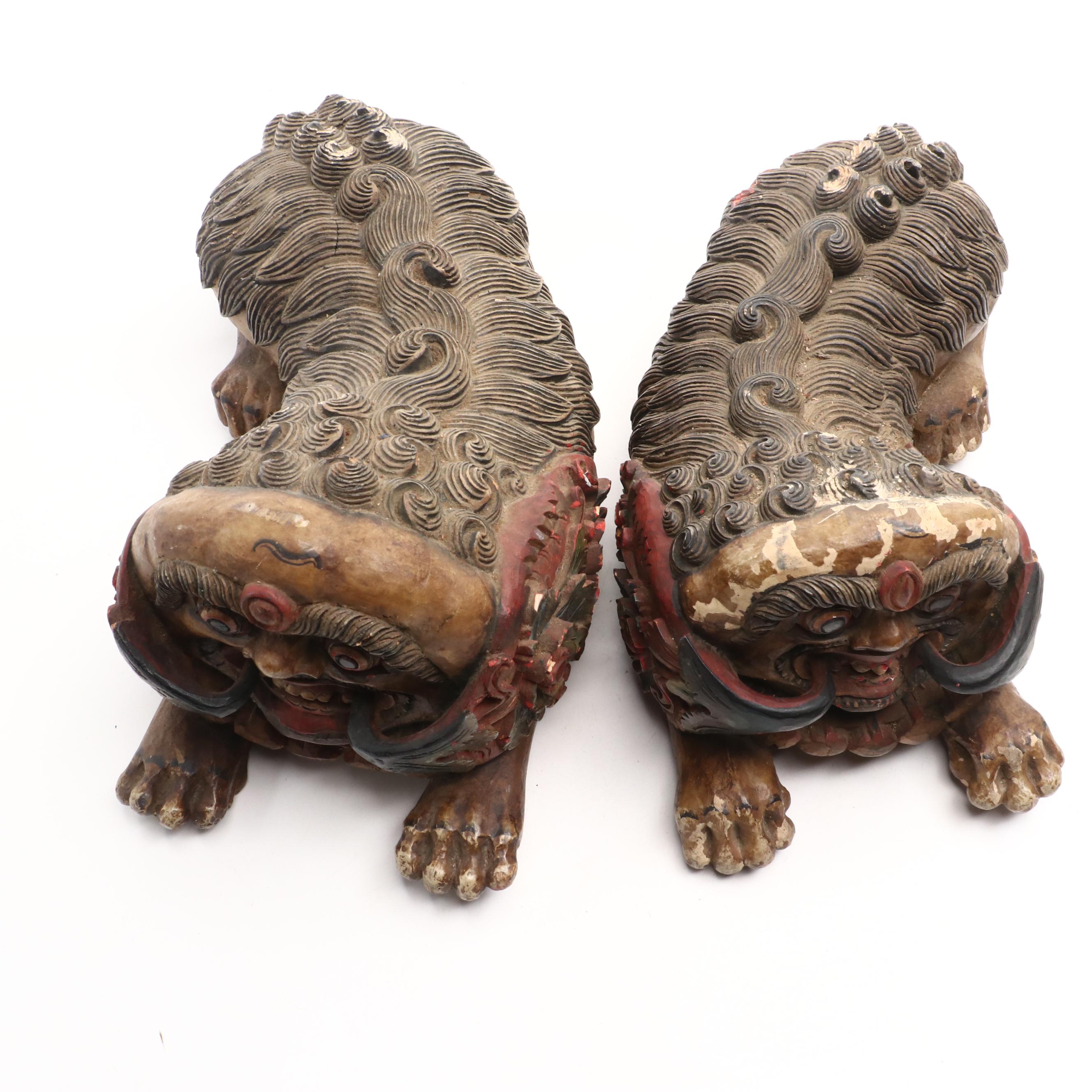 Pair of Chinese Carved and Polychrome-Painted "Shishi" Guardian Lions