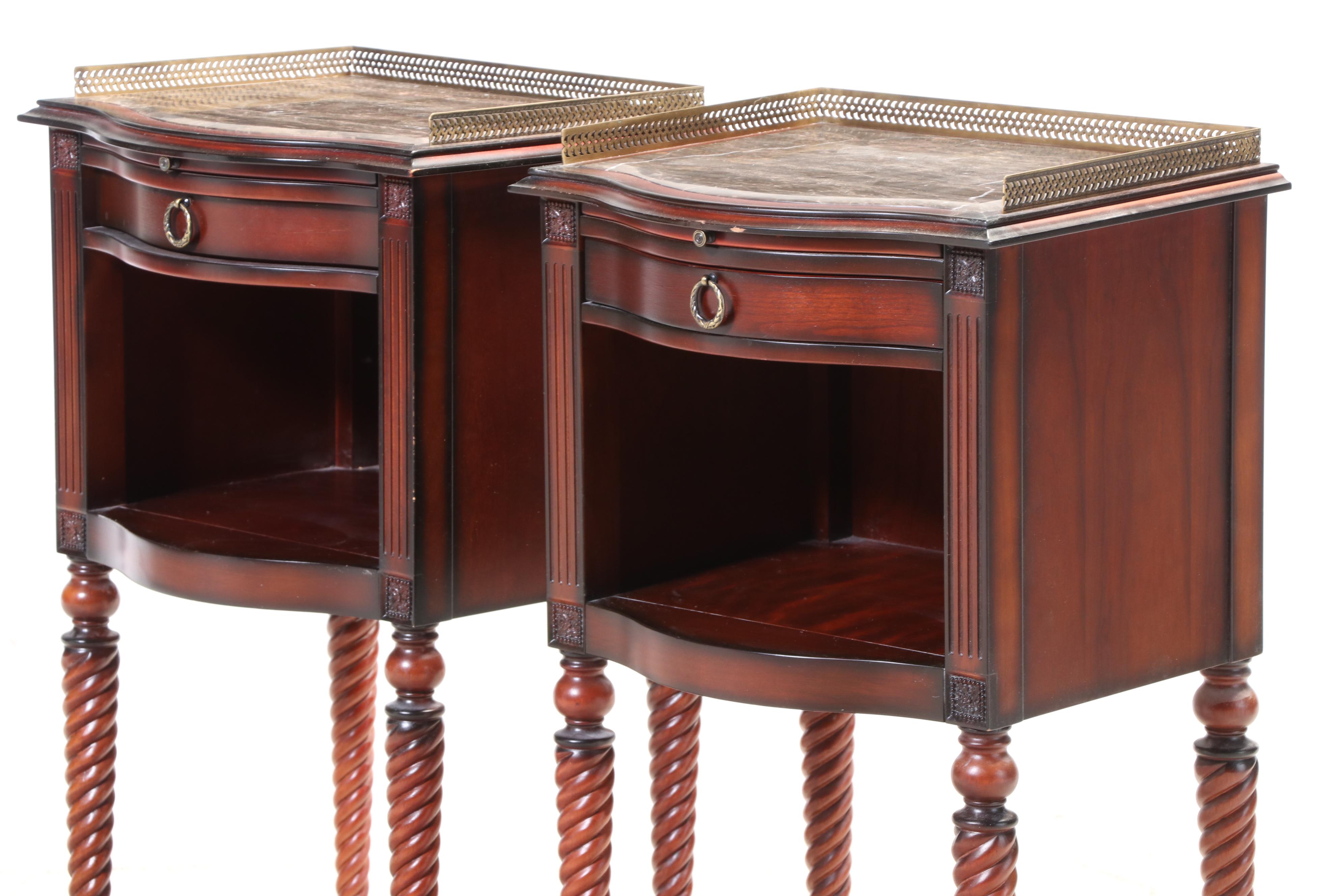 Pair of Bombay Company Classical Style Mahogany-Stained & Marble Top Nightstands