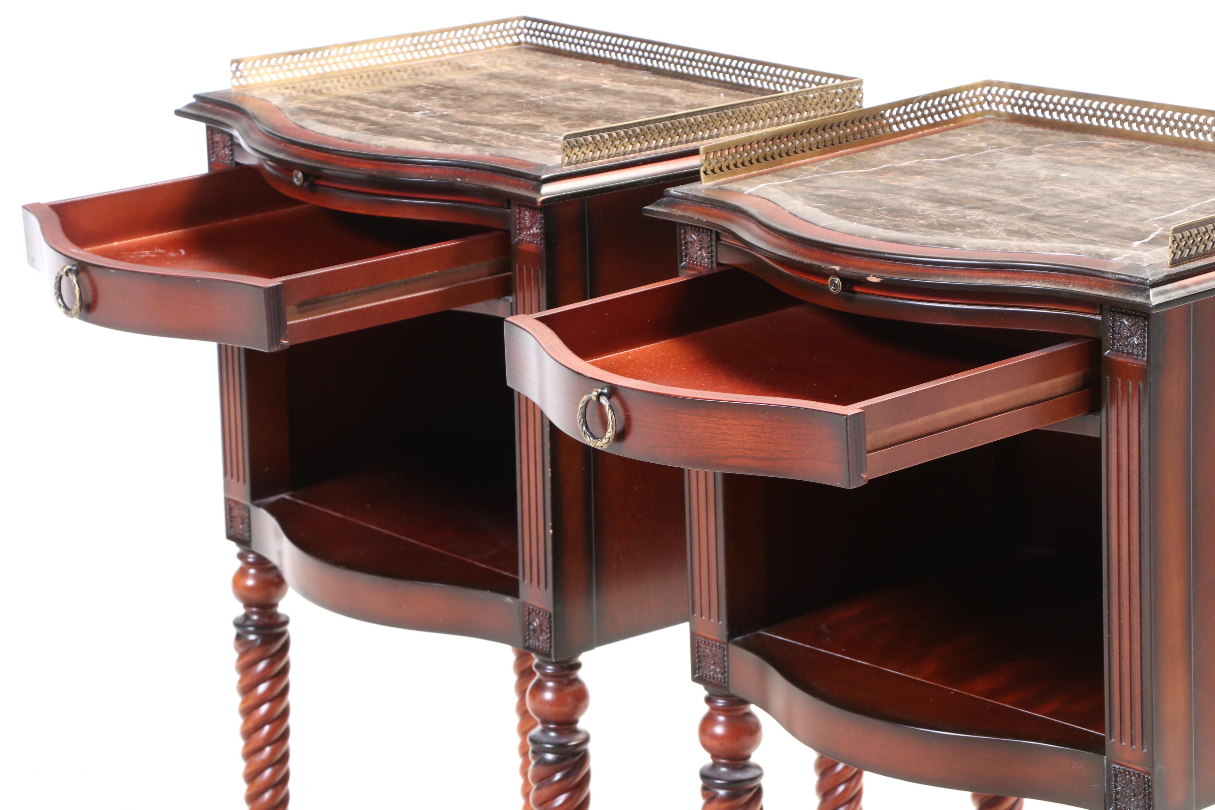 Pair of Bombay Company Classical Style Mahogany-Stained & Marble Top Nightstands