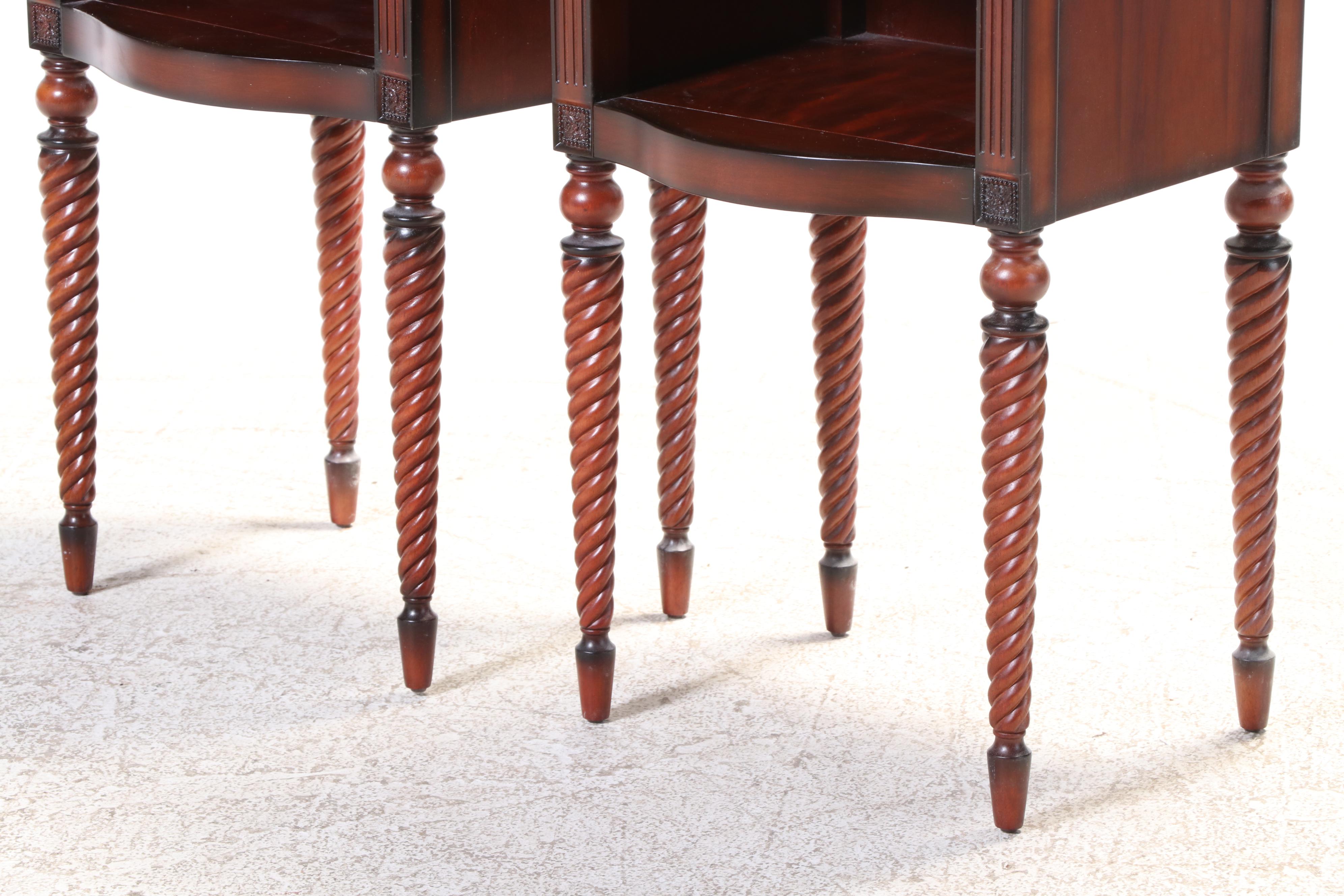 Pair of Bombay Company Classical Style Mahogany-Stained & Marble Top Nightstands